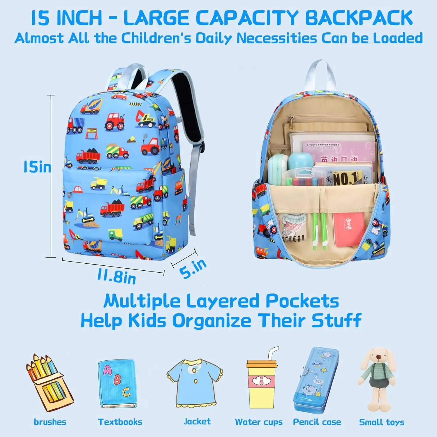 Preschool Backpack for Boys, Kids Backpack with Lunch Box Construction Backpack for Preschool Kindergarten Daycare and Travel, Car School Bookbag with Chest Buckle (Light Blue Construction)