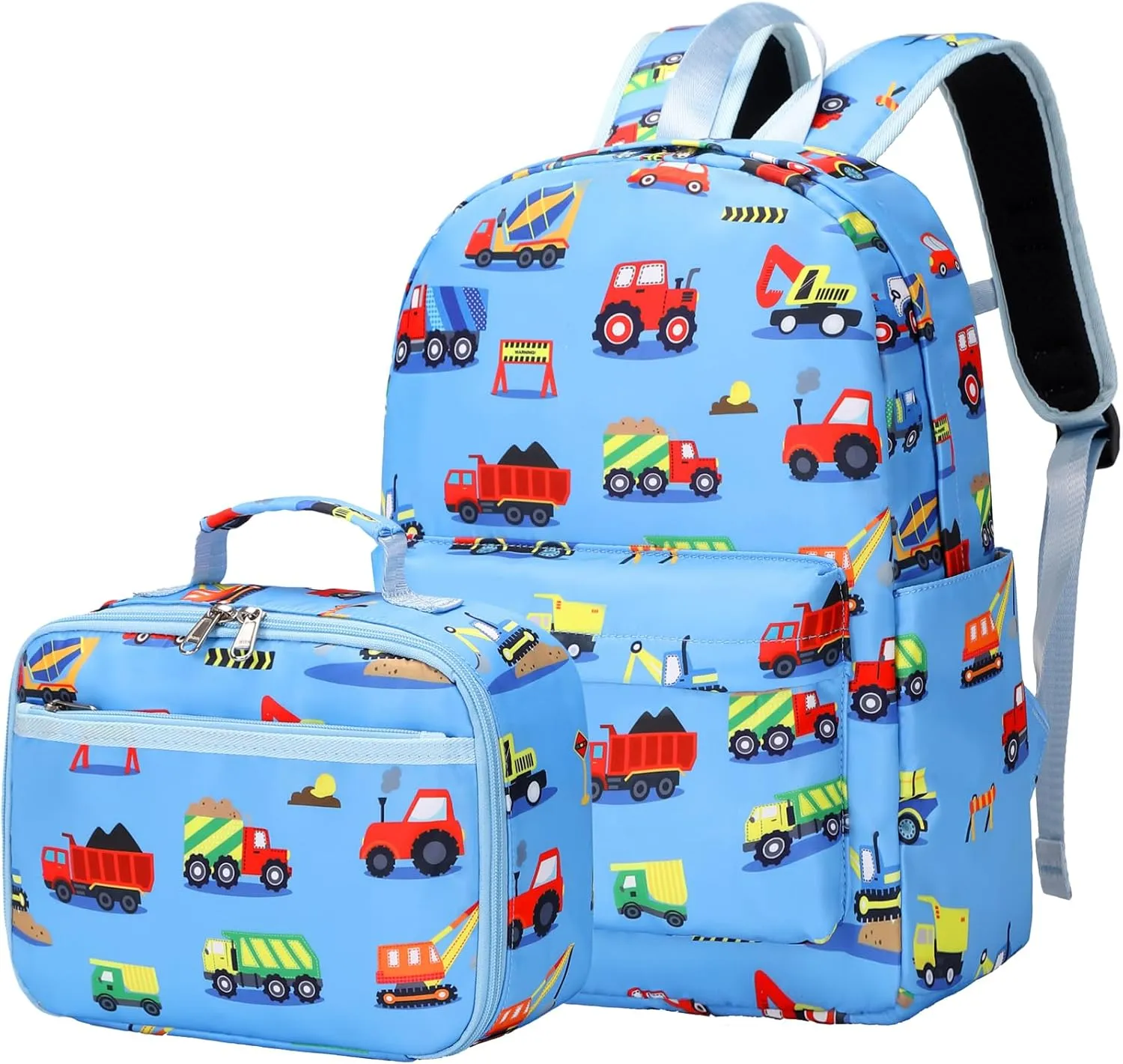 Preschool Backpack for Boys, Kids Backpack with Lunch Box Construction Backpack for Preschool Kindergarten Daycare and Travel, Car School Bookbag with Chest Buckle (Light Blue Construction)