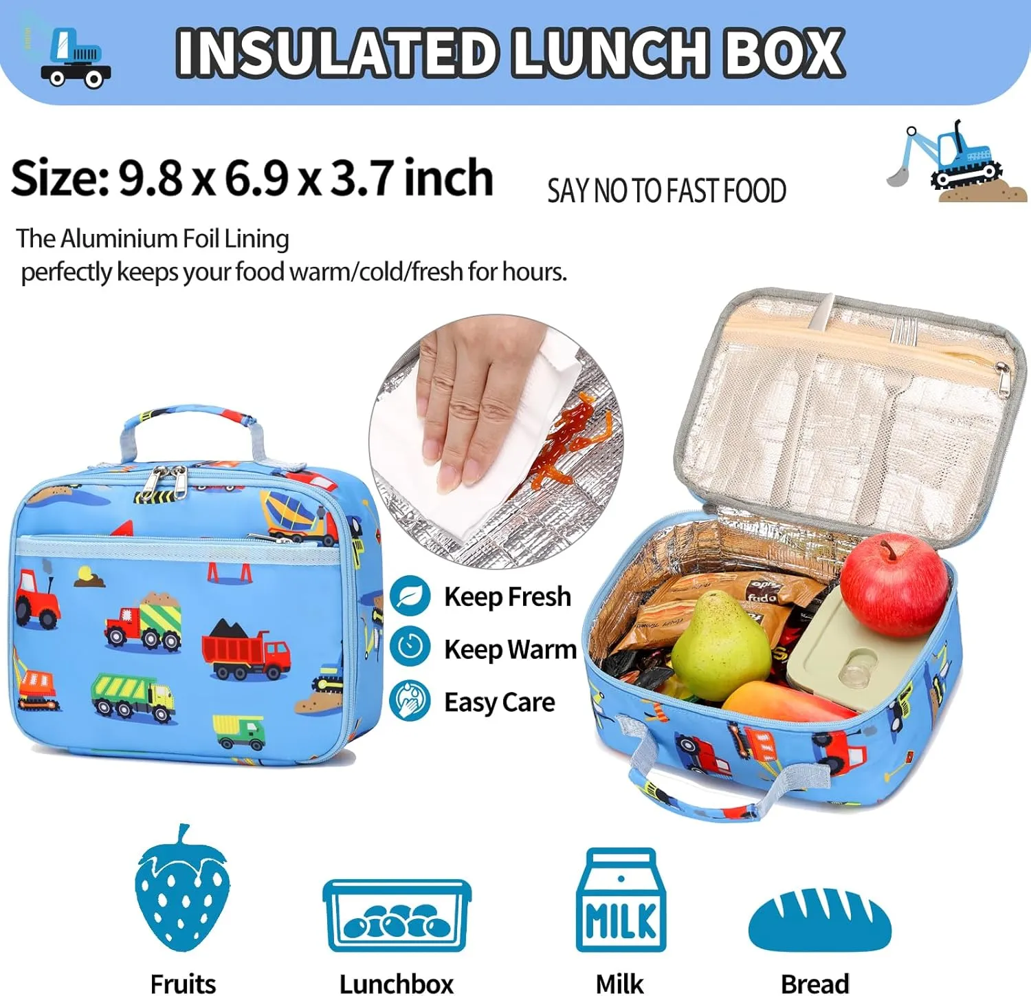 Preschool Backpack for Boys, Kids Backpack with Lunch Box Construction Backpack for Preschool Kindergarten Daycare and Travel, Car School Bookbag with Chest Buckle (Light Blue Construction)