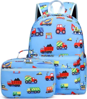 Preschool Backpack for Boys, Kids Backpack with Lunch Box Construction Backpack for Preschool Kindergarten Daycare and Travel, Car School Bookbag with Chest Buckle (Light Blue Construction)