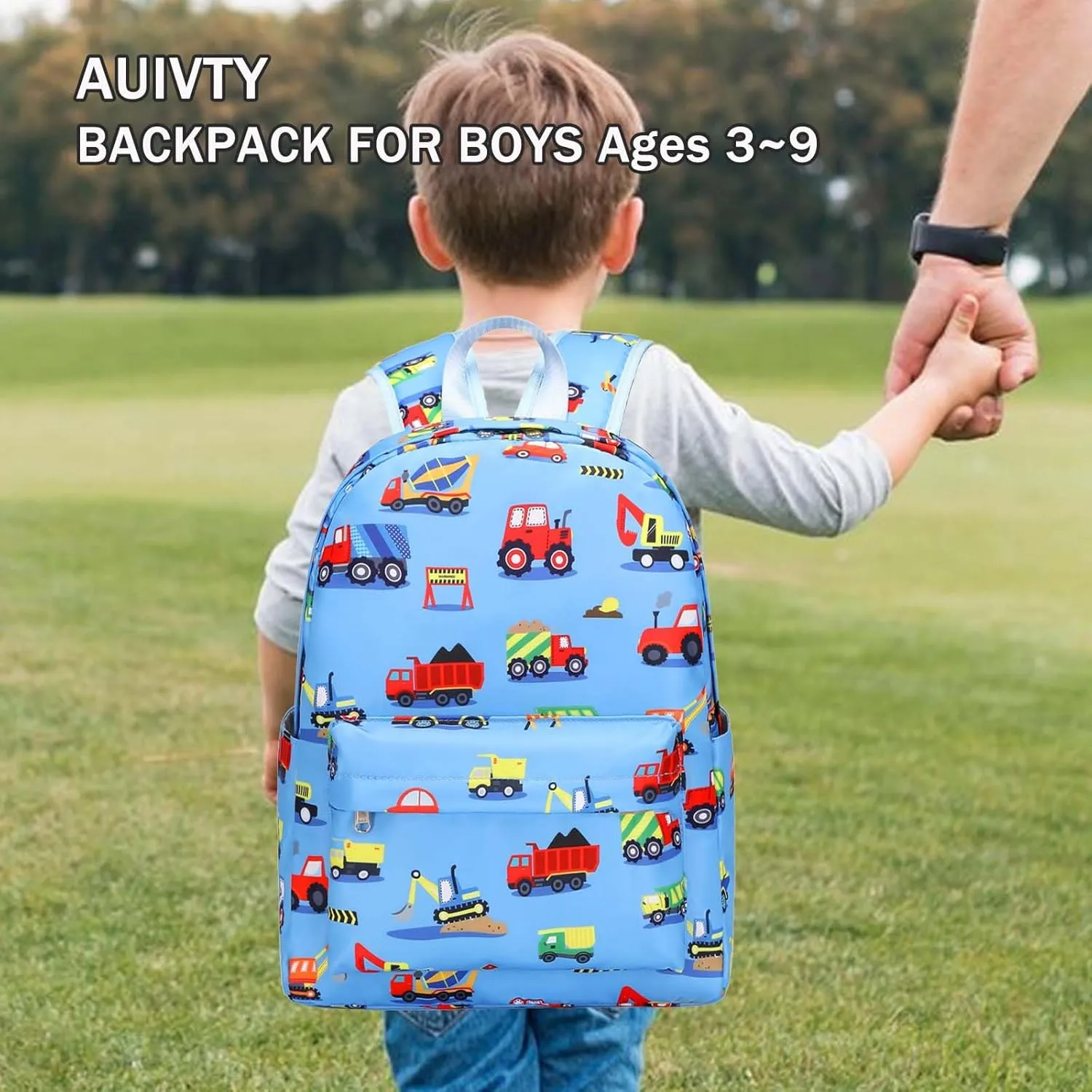 Preschool Backpack for Boys, Kids Backpack with Lunch Box Construction Backpack for Preschool Kindergarten Daycare and Travel, Car School Bookbag with Chest Buckle (Light Blue Construction)