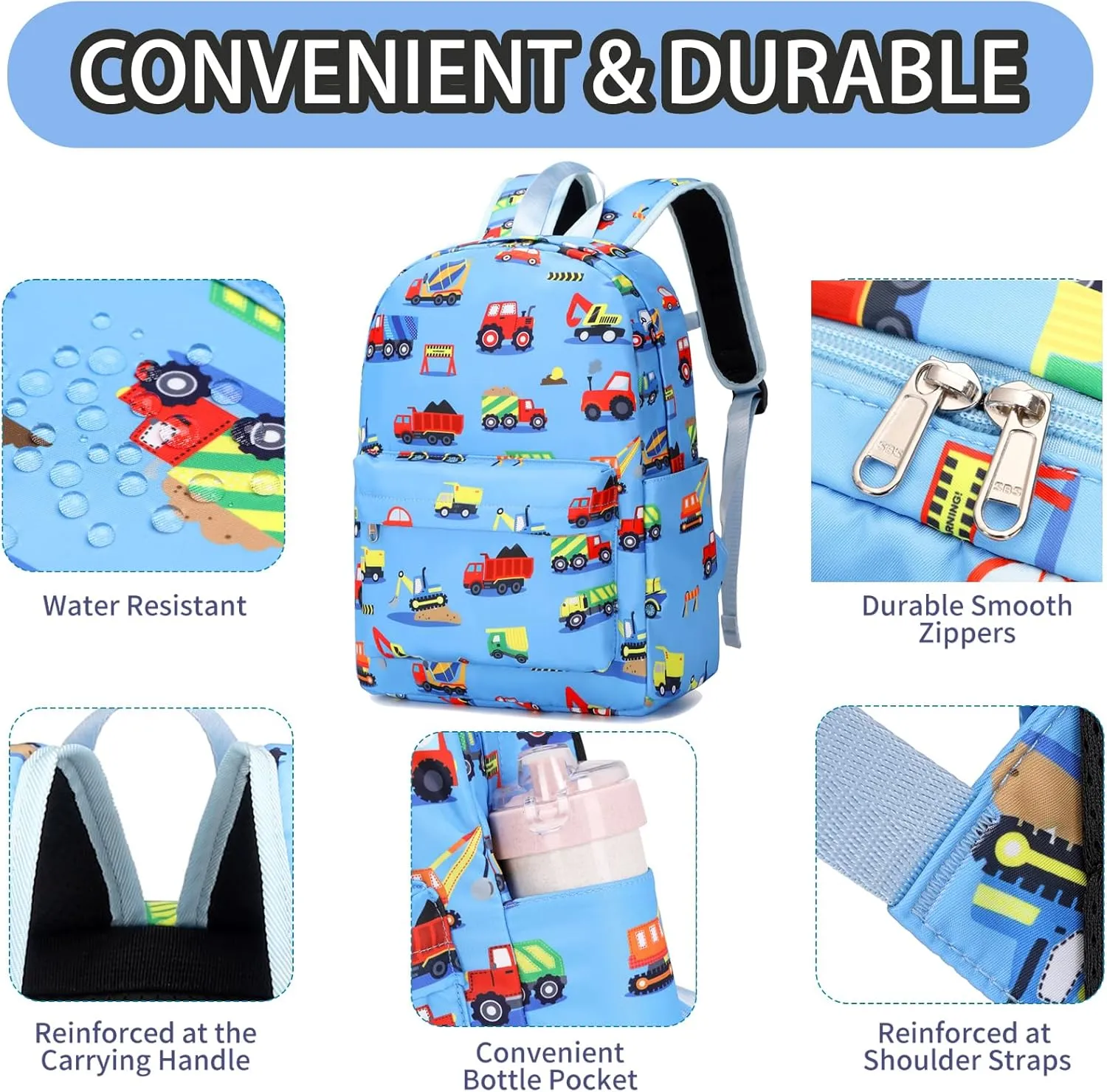 Preschool Backpack for Boys, Kids Backpack with Lunch Box Construction Backpack for Preschool Kindergarten Daycare and Travel, Car School Bookbag with Chest Buckle (Light Blue Construction)