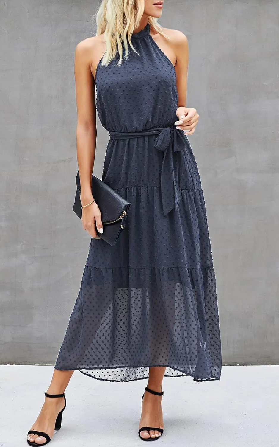 PRETTYGARDEN Women’s Halter Neck Floral Long Maxi Dress Casual Sleeveless Backless Dresses Loose Ruffle Sundress with Belt