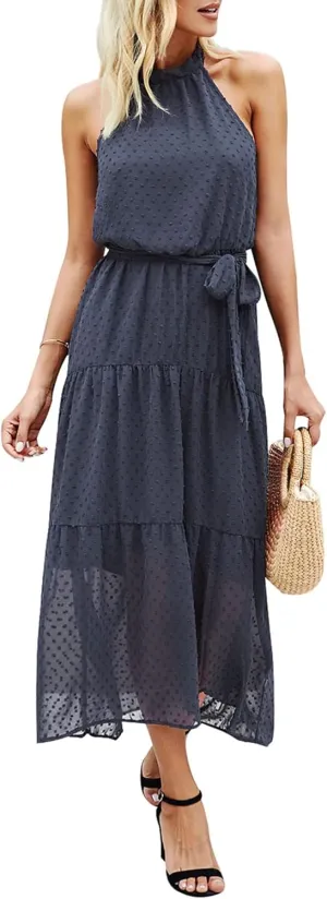PRETTYGARDEN Women’s Halter Neck Floral Long Maxi Dress Casual Sleeveless Backless Dresses Loose Ruffle Sundress with Belt