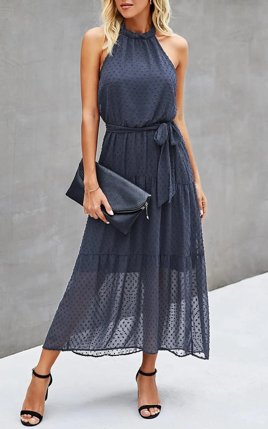 PRETTYGARDEN Women’s Halter Neck Floral Long Maxi Dress Casual Sleeveless Backless Dresses Loose Ruffle Sundress with Belt