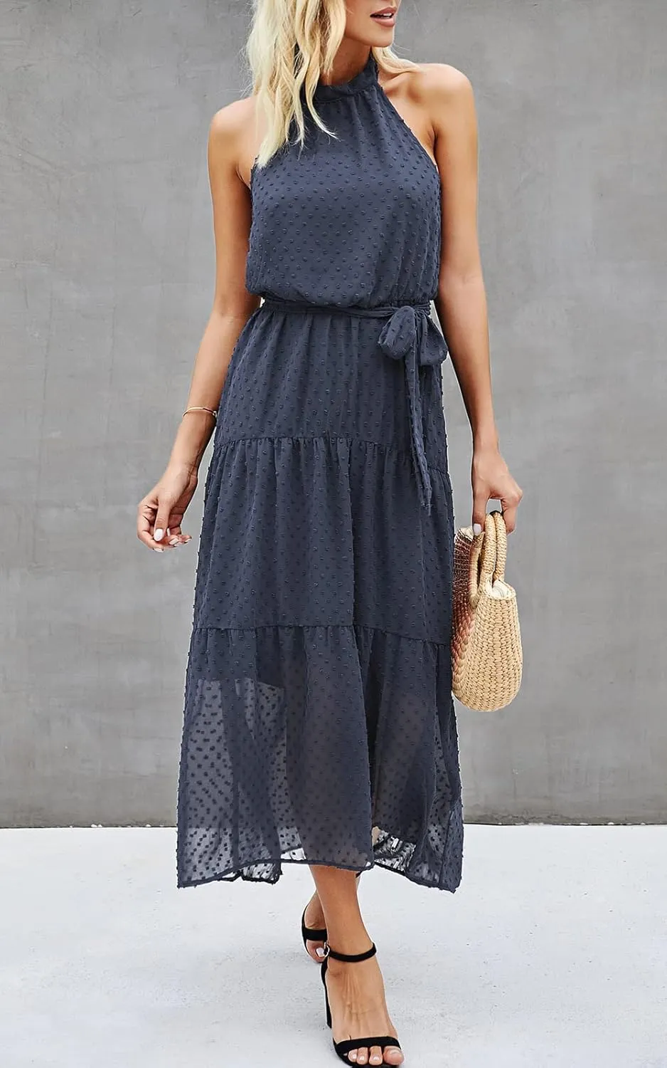 PRETTYGARDEN Women’s Halter Neck Floral Long Maxi Dress Casual Sleeveless Backless Dresses Loose Ruffle Sundress with Belt