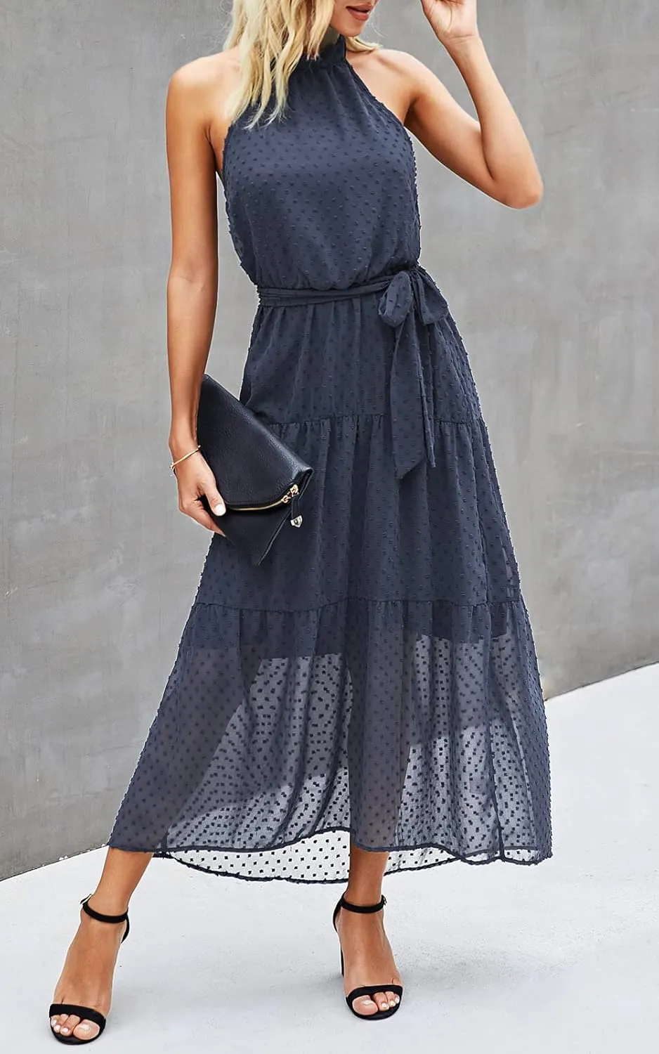 PRETTYGARDEN Women’s Halter Neck Floral Long Maxi Dress Casual Sleeveless Backless Dresses Loose Ruffle Sundress with Belt