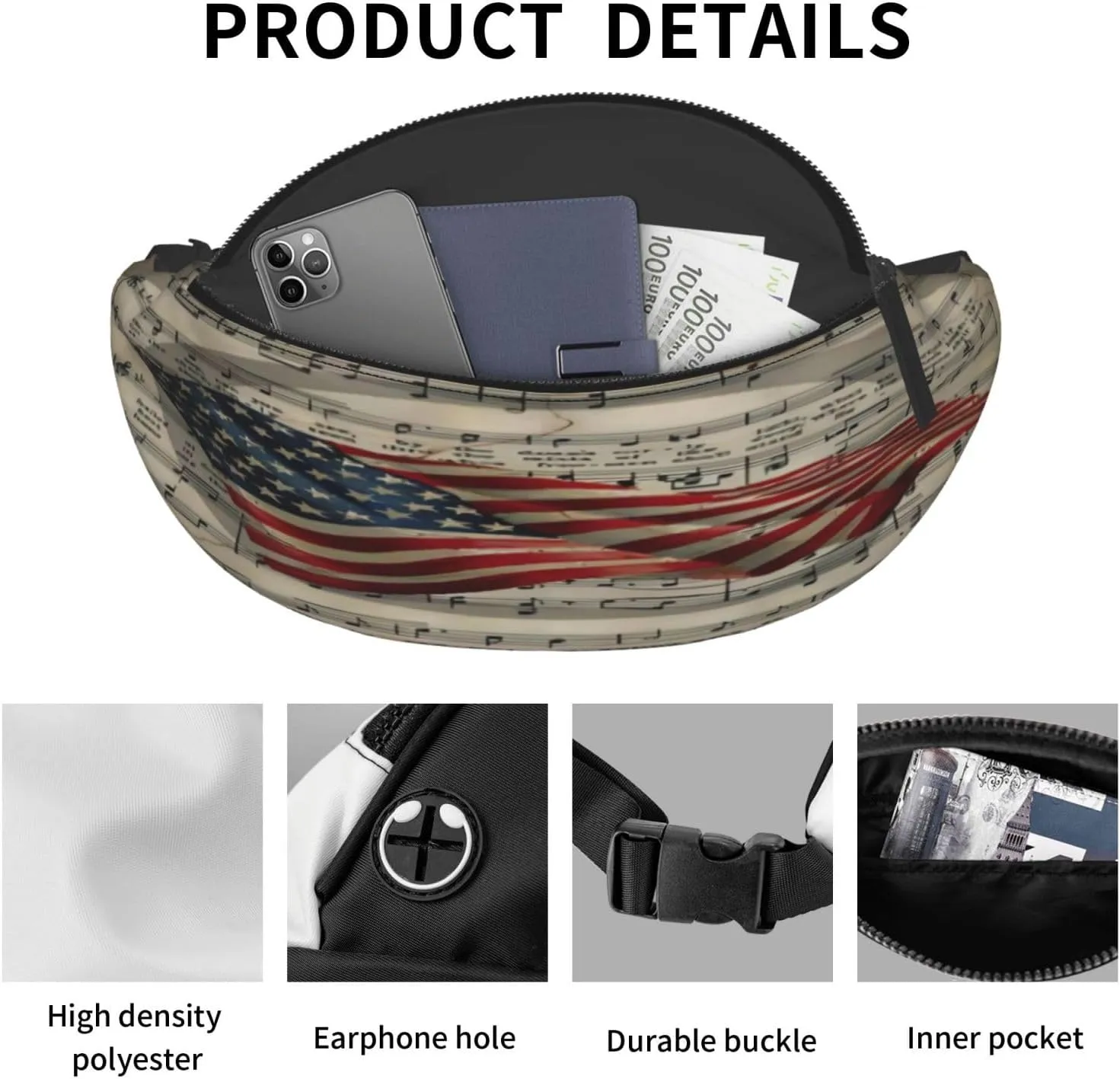 Primitive Patriotic Star Spangled Banner American Flag Waist Packs Unisex Adjustable Shoulder Strap Messenger Bag Sports Travel Running Leisure Waist Bag