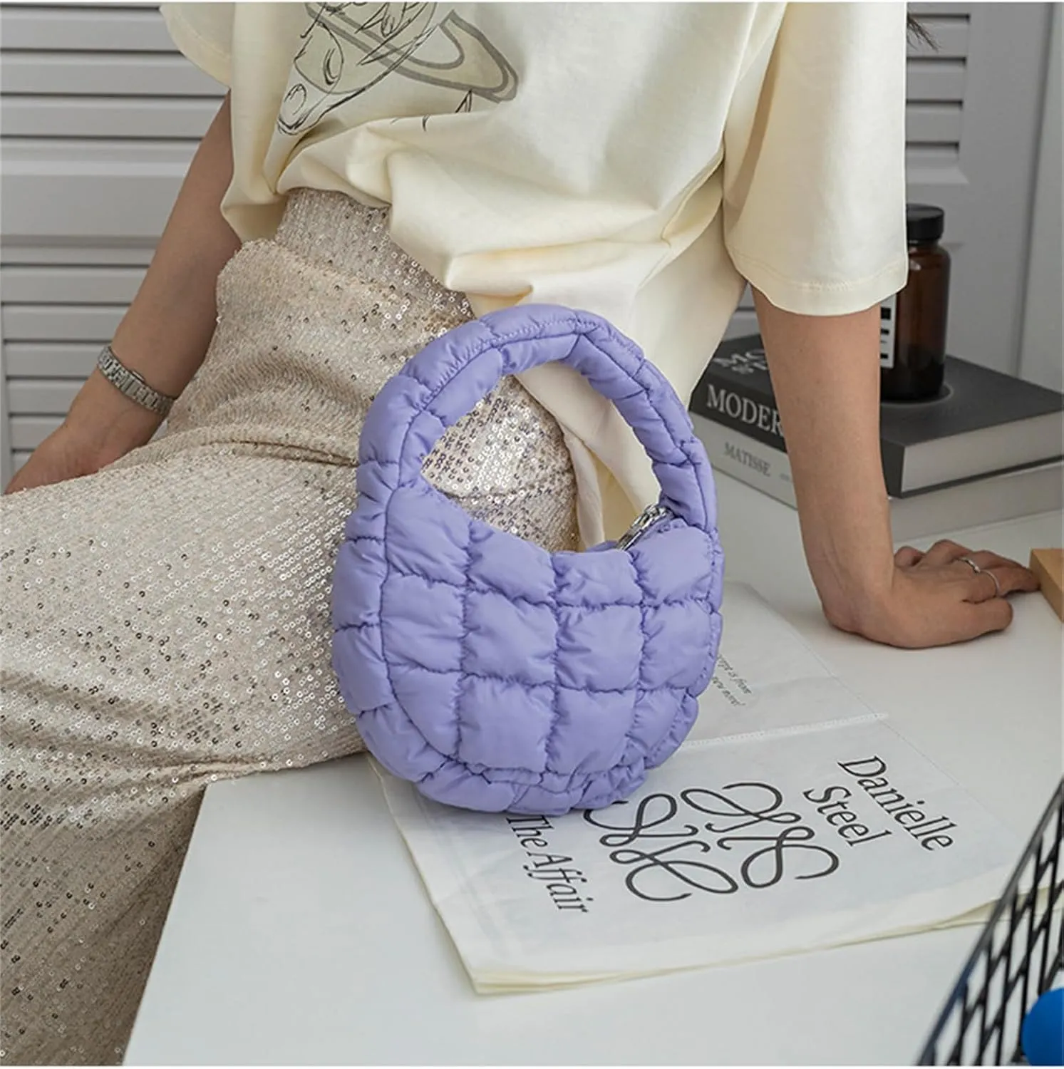 Puffer Bag Women Mini Quilted Cute Bubble Handbag Crescent Wrist Satchel Y2k Purse