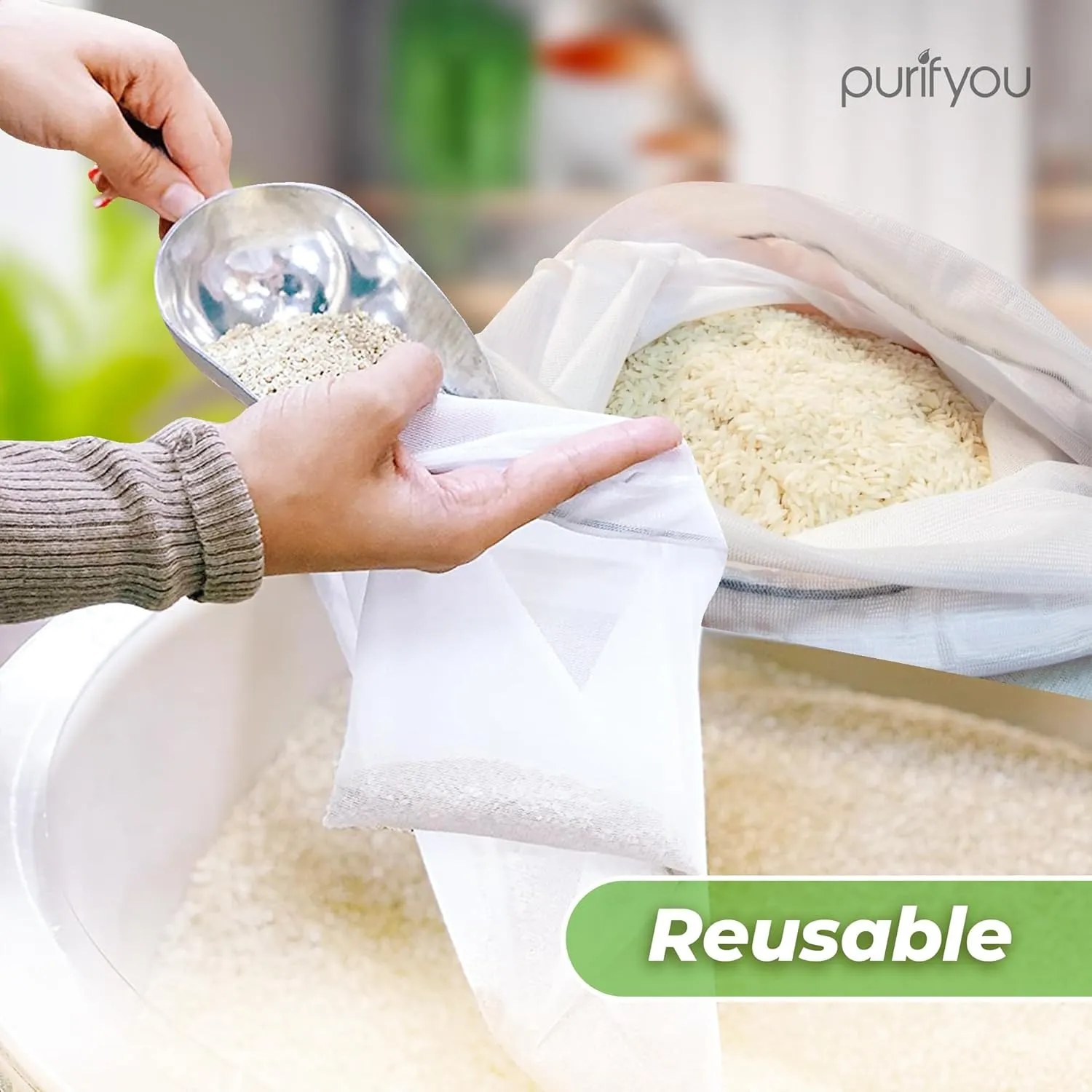 purifyou Set of 10 Reusable Mesh Produce Bags - Heavy Duty, Washable Farmers Market and Storage for Fruits, Vegetables, Groceries, Kitchen, and Home (Small)