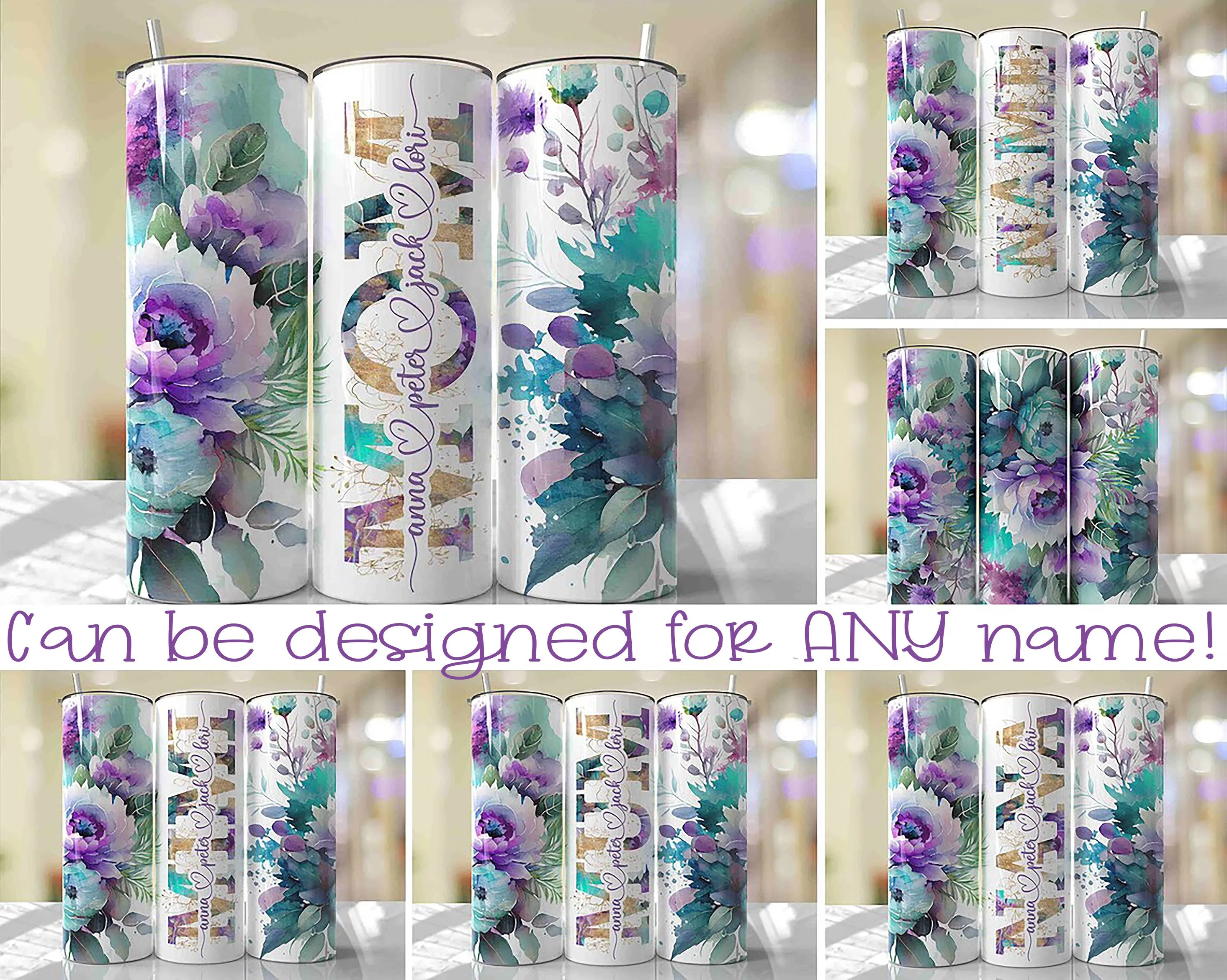 Purple & Teal Floral Name Mother's Day Shimmer Glitter Tumbler TUMBP0520