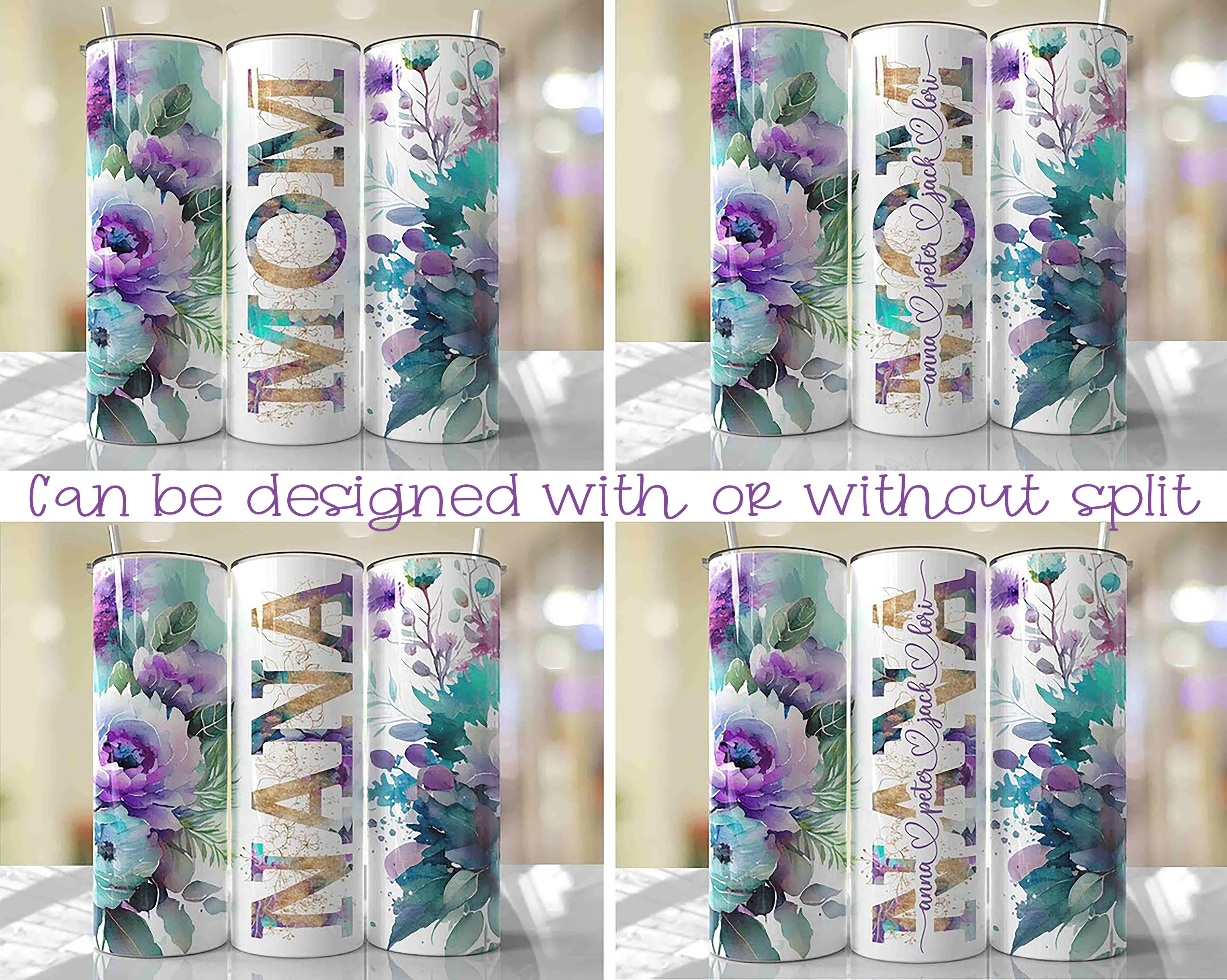 Purple & Teal Floral Name Mother's Day Shimmer Glitter Tumbler TUMBP0520