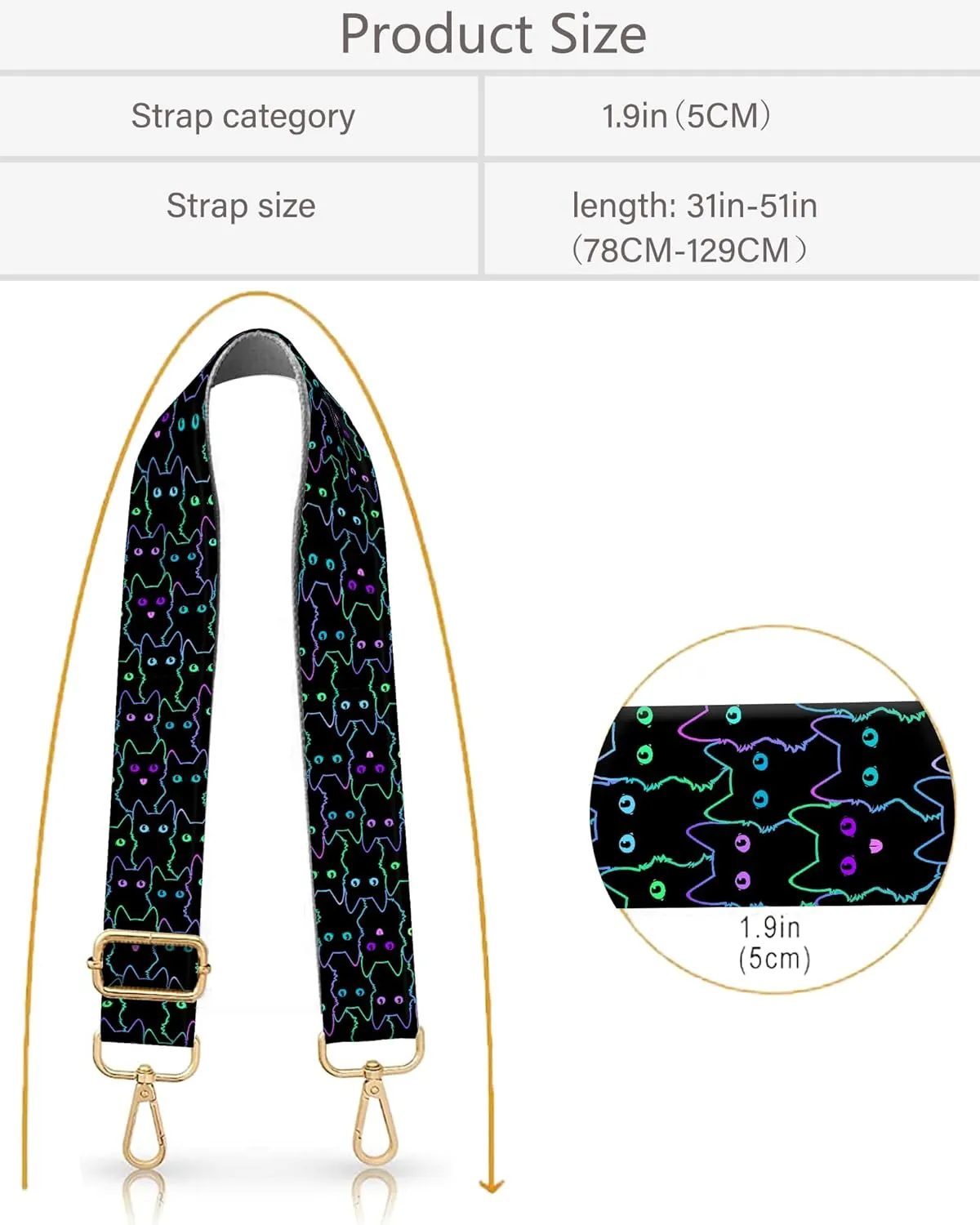 Purse Strap Replacement Crossbody 2" Wide Shoulder Strap, Cute Handbag Strap Bag Strap Replacement Belts Adjustable Cute Black Cats