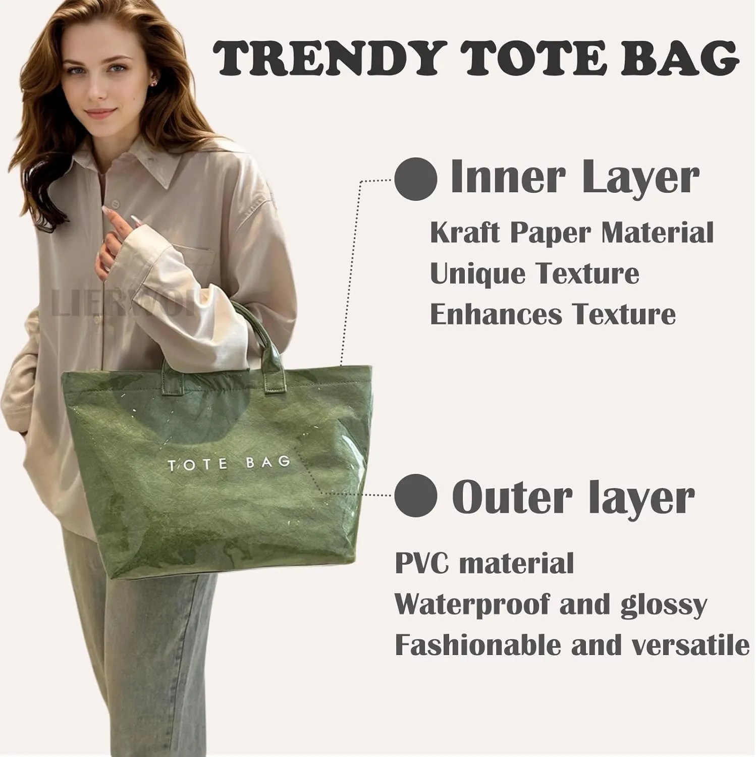 PVC Tote Bag for Women Kraft Paper Large Tote Bag Fashion Paper Bag Trendy Letter Print Tote Bag Top Handle