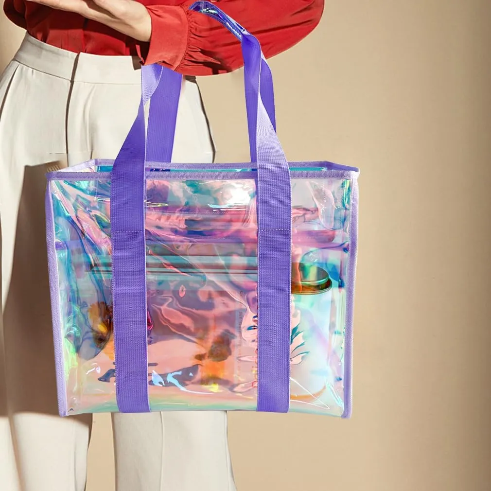PVC Waterproof Holographic Colorful Tote Handbag with Small Mobile Phone Bag for Beach, Travel and Shopping（0.4MM）
