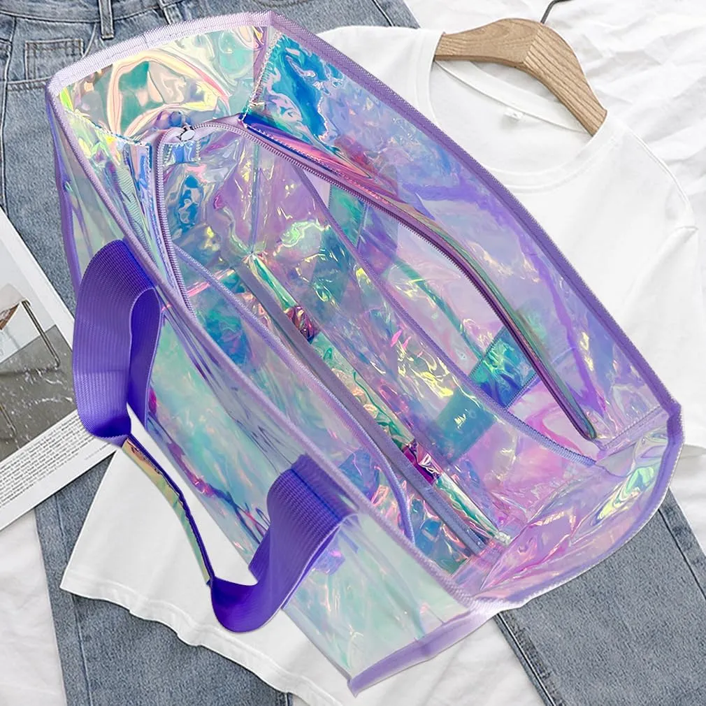 PVC Waterproof Holographic Colorful Tote Handbag with Small Mobile Phone Bag for Beach, Travel and Shopping（0.4MM）