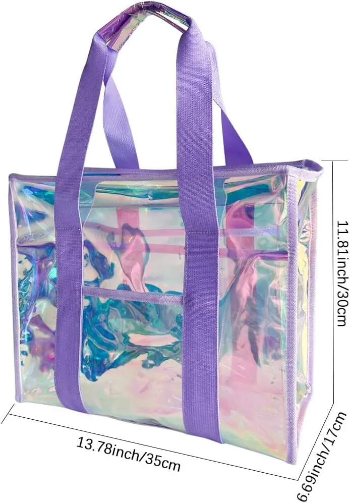 PVC Waterproof Holographic Colorful Tote Handbag with Small Mobile Phone Bag for Beach, Travel and Shopping（0.4MM）