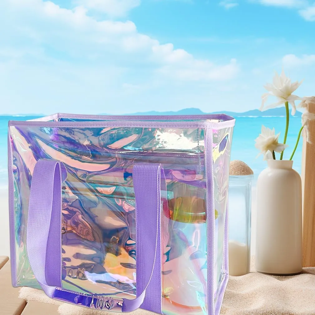 PVC Waterproof Holographic Colorful Tote Handbag with Small Mobile Phone Bag for Beach, Travel and Shopping（0.4MM）