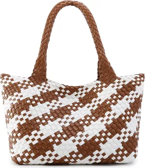Queenoris Woven Bag for Women, Fashion Top Handle Shoulder Bag Vegan Leather Shopper Bag Large Travel Tote Bag