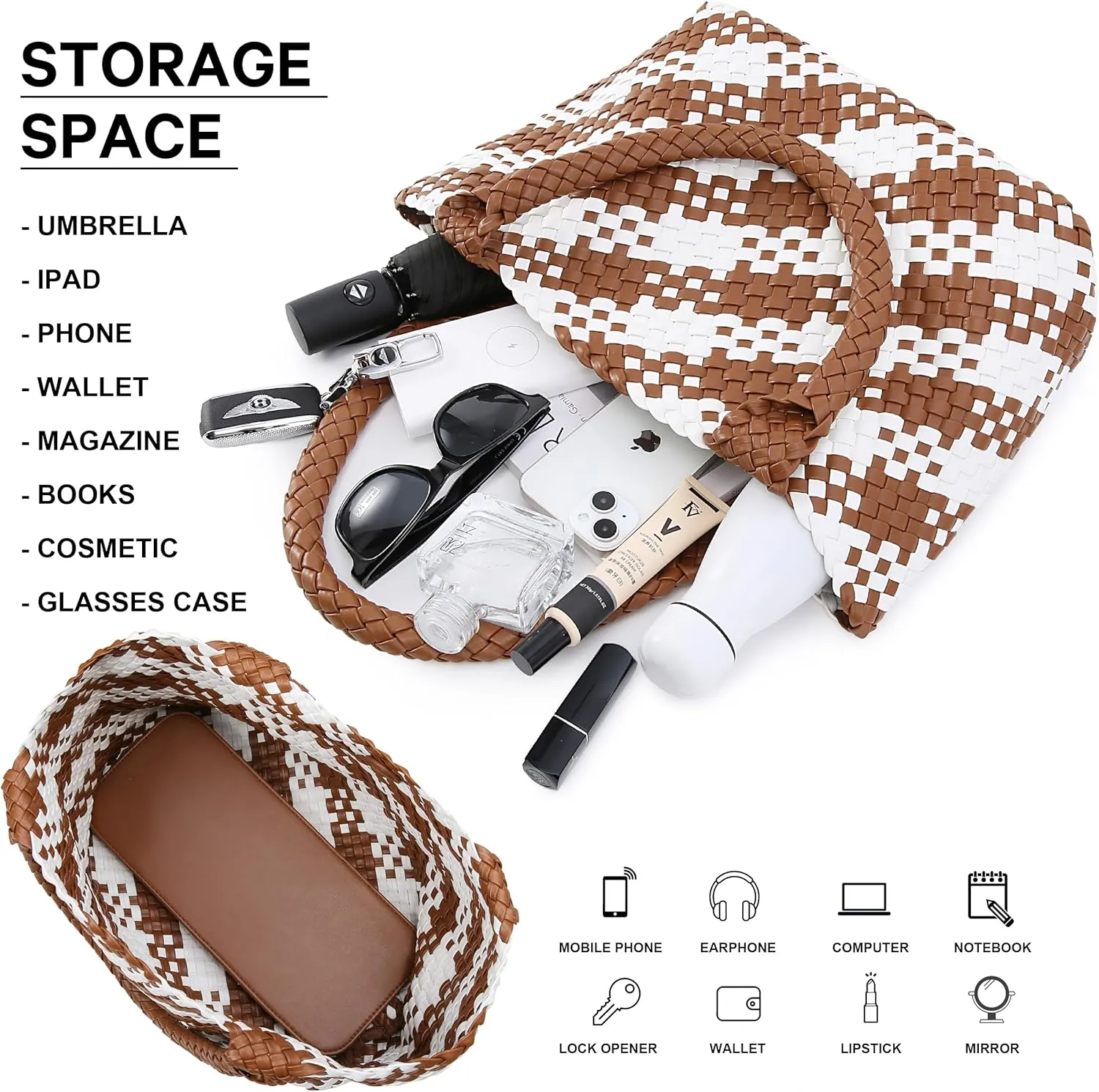 Queenoris Woven Bag for Women, Fashion Top Handle Shoulder Bag Vegan Leather Shopper Bag Large Travel Tote Bag