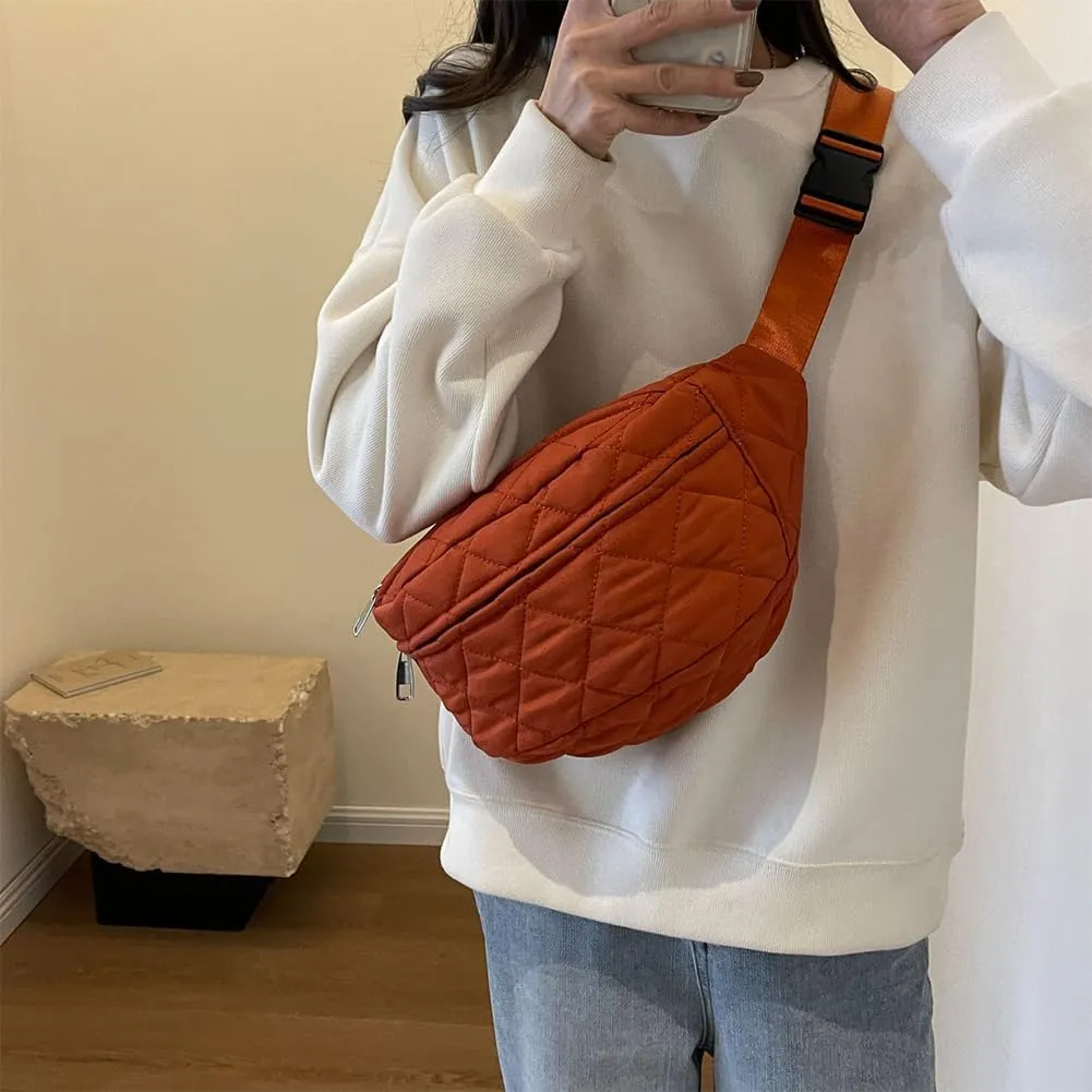 Quilted Waist Bag Stylish Waist Pack Adjustable Strap Vintage Belt Bag Large Capacity Crossbody Sling Bag Zip Closure for Autumn Winter (Orange)