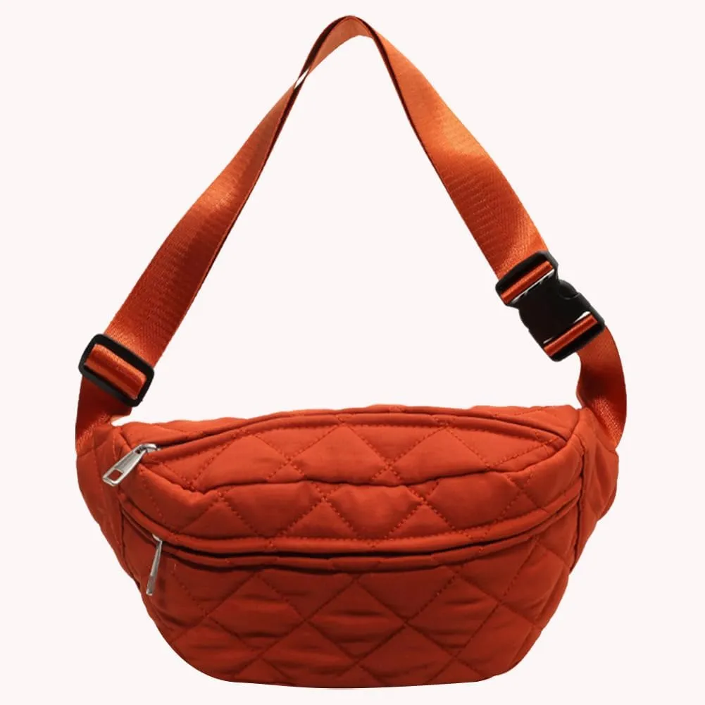 Quilted Waist Bag Stylish Waist Pack Adjustable Strap Vintage Belt Bag Large Capacity Crossbody Sling Bag Zip Closure for Autumn Winter (Orange)