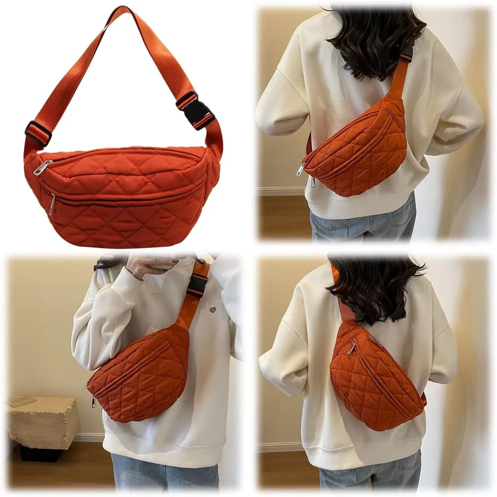 Quilted Waist Bag Stylish Waist Pack Adjustable Strap Vintage Belt Bag Large Capacity Crossbody Sling Bag Zip Closure for Autumn Winter (Orange)
