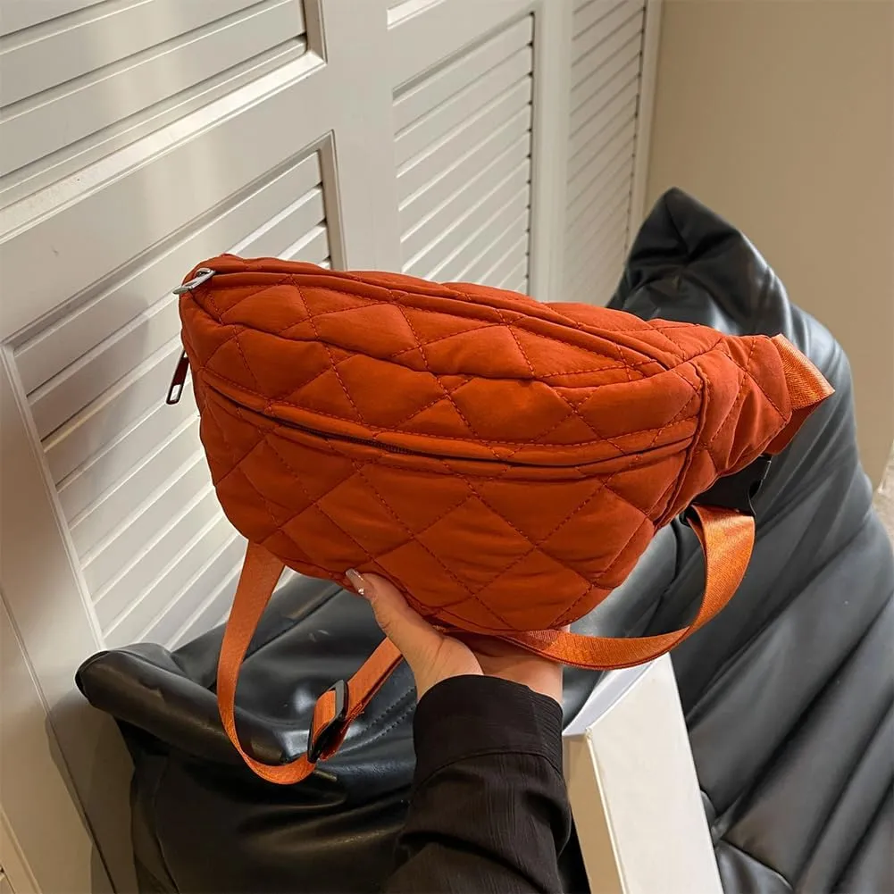Quilted Waist Bag Stylish Waist Pack Adjustable Strap Vintage Belt Bag Large Capacity Crossbody Sling Bag Zip Closure for Autumn Winter (Orange)
