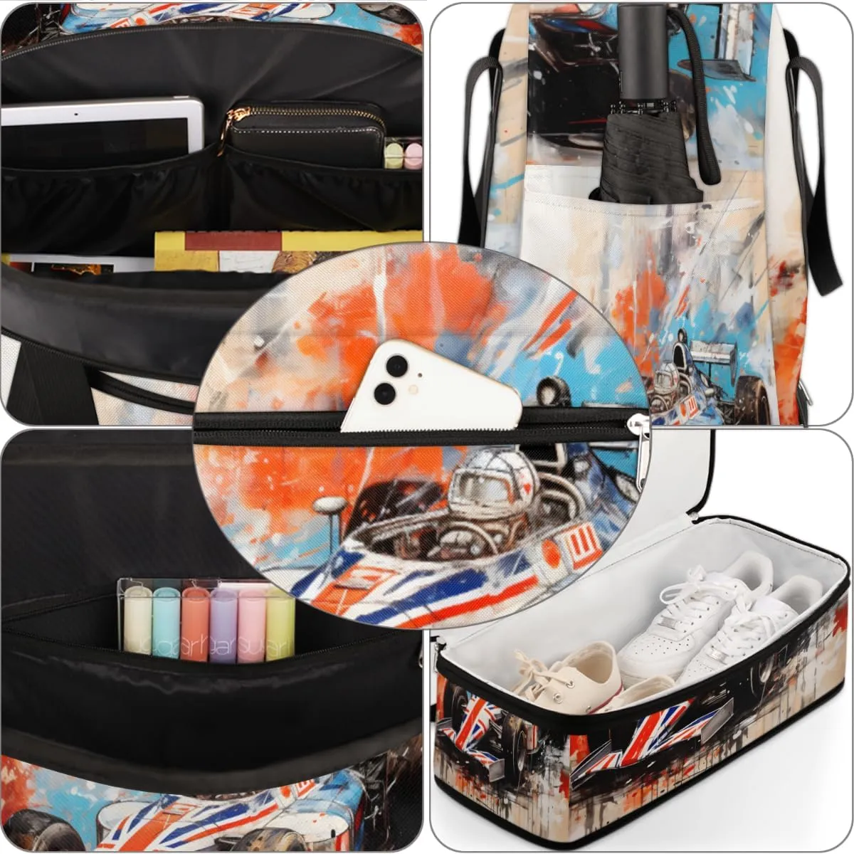 Race Car Modern Foldable Travel Duffel Bag Overnight Weekender Bag with Shoes Compartment Sports Gym Bag for Men Women