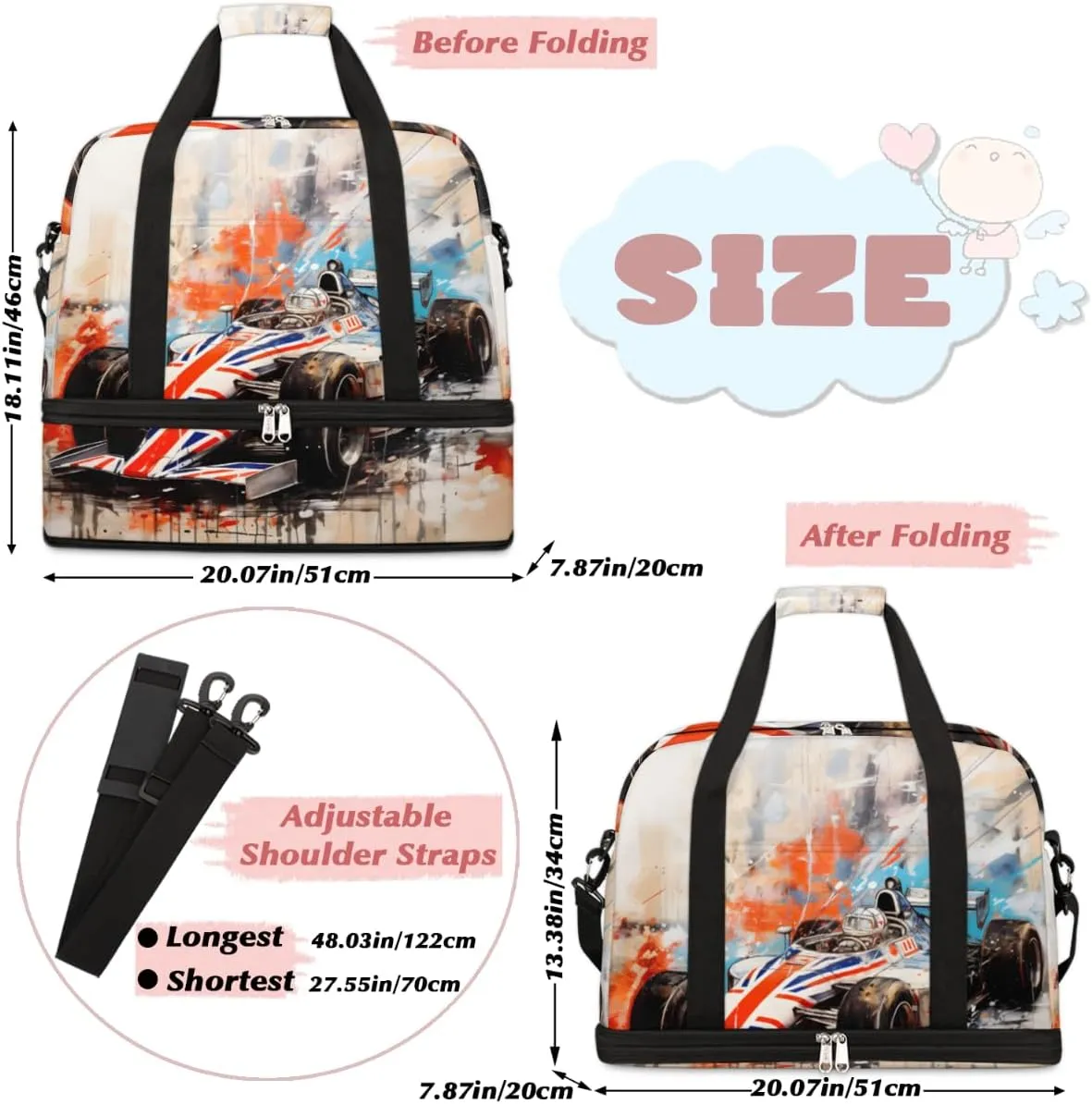 Race Car Modern Foldable Travel Duffel Bag Overnight Weekender Bag with Shoes Compartment Sports Gym Bag for Men Women