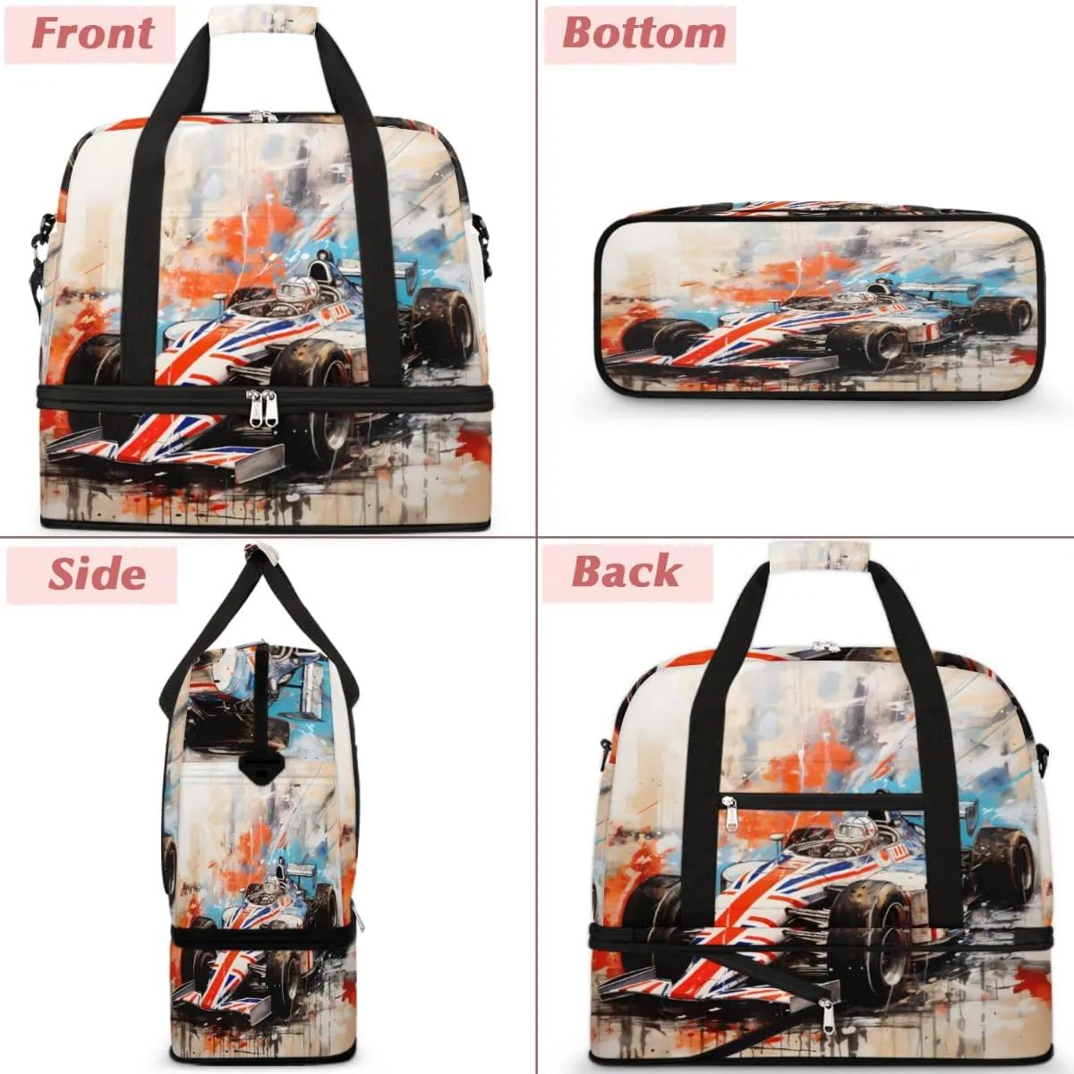 Race Car Modern Foldable Travel Duffel Bag Overnight Weekender Bag with Shoes Compartment Sports Gym Bag for Men Women