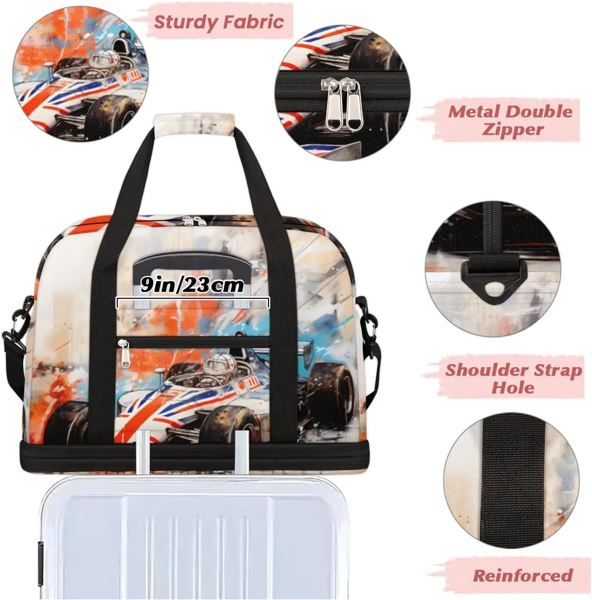 Race Car Modern Foldable Travel Duffel Bag Overnight Weekender Bag with Shoes Compartment Sports Gym Bag for Men Women