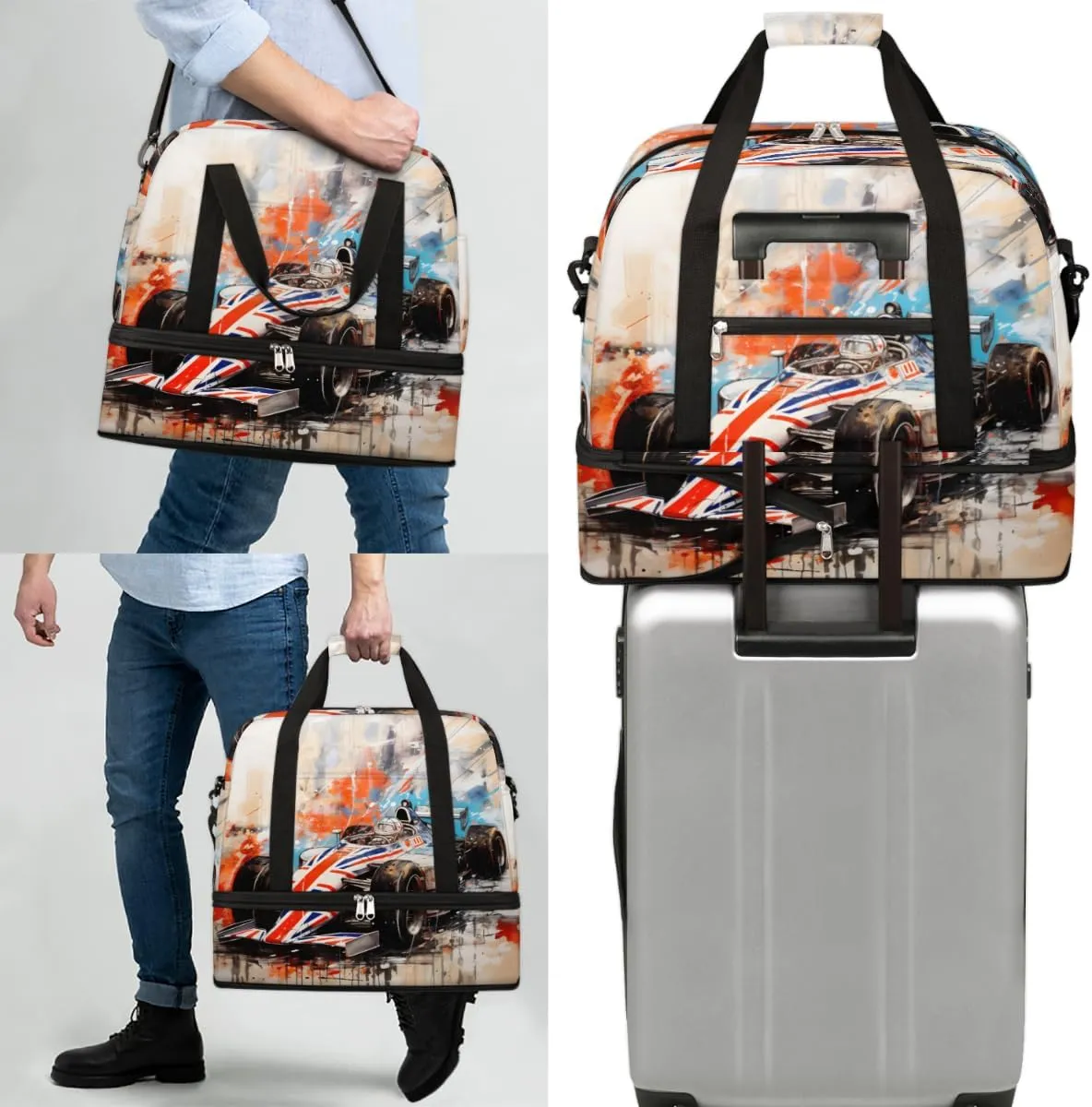 Race Car Modern Foldable Travel Duffel Bag Overnight Weekender Bag with Shoes Compartment Sports Gym Bag for Men Women
