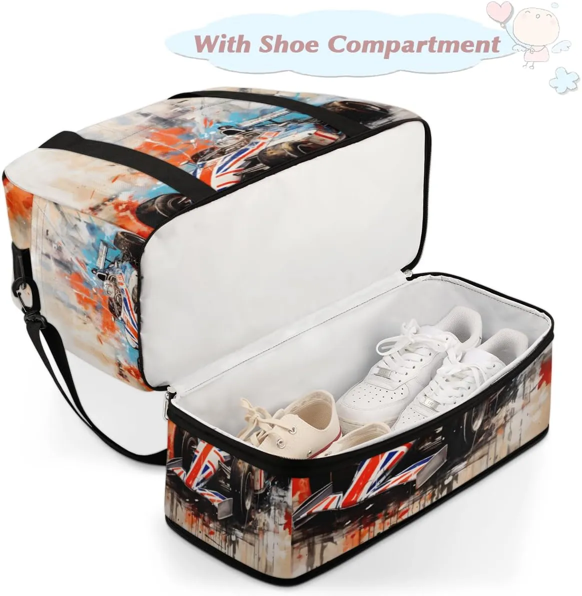 Race Car Modern Foldable Travel Duffel Bag Overnight Weekender Bag with Shoes Compartment Sports Gym Bag for Men Women