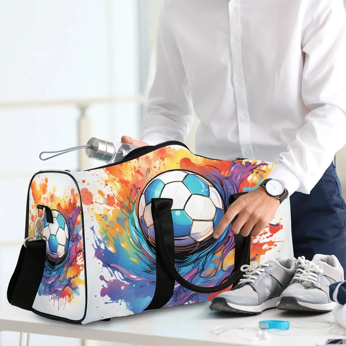 Rainbow Soccer Football Travel Duffel Bag for Women Men Waterproof Foldable Overnight Weekender Bag Large Capacity Sports Gym Bag