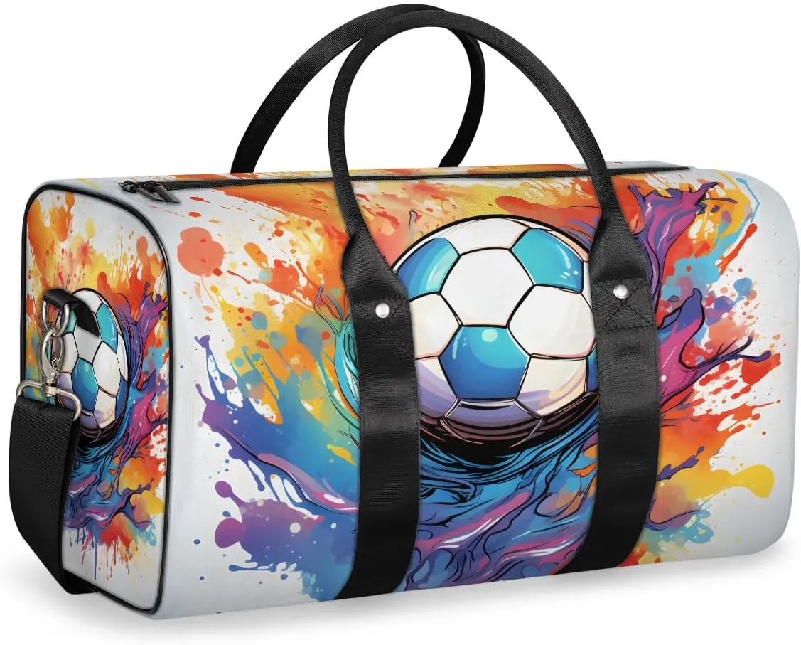 Rainbow Soccer Football Travel Duffel Bag for Women Men Waterproof Foldable Overnight Weekender Bag Large Capacity Sports Gym Bag