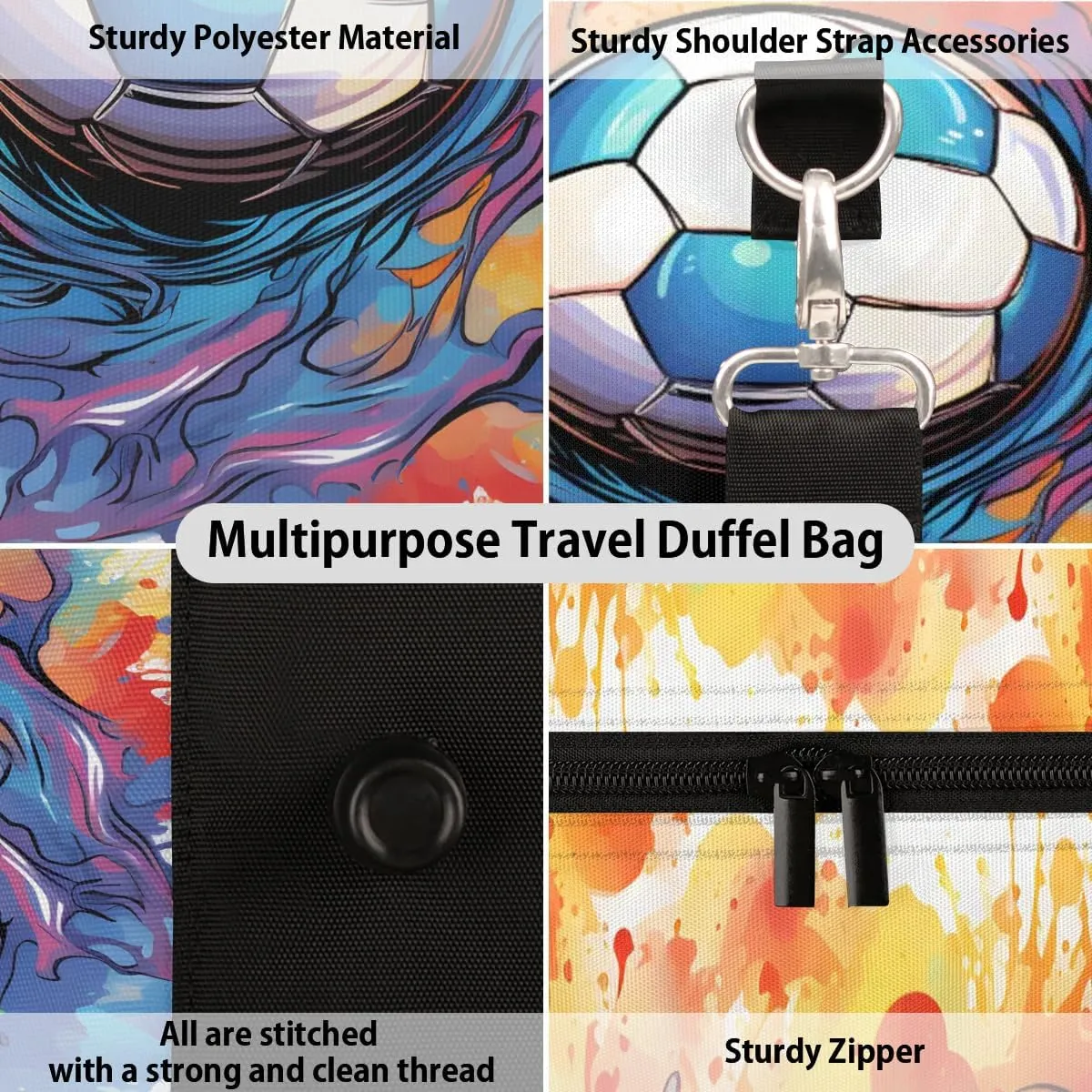 Rainbow Soccer Football Travel Duffel Bag for Women Men Waterproof Foldable Overnight Weekender Bag Large Capacity Sports Gym Bag