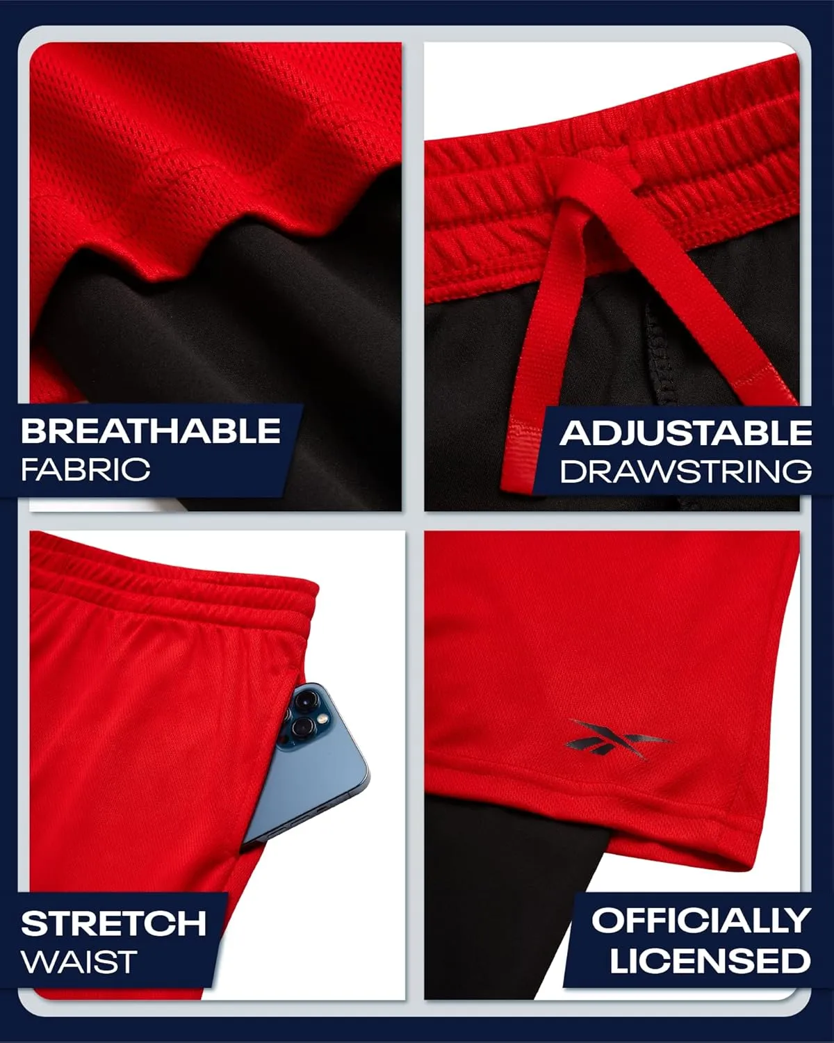 Reebok Boys Basketball Shorts - 2 Pack 2-in-1 Boys Athletic Shorts for Running with Compression Leggings Pockets & Drawstring