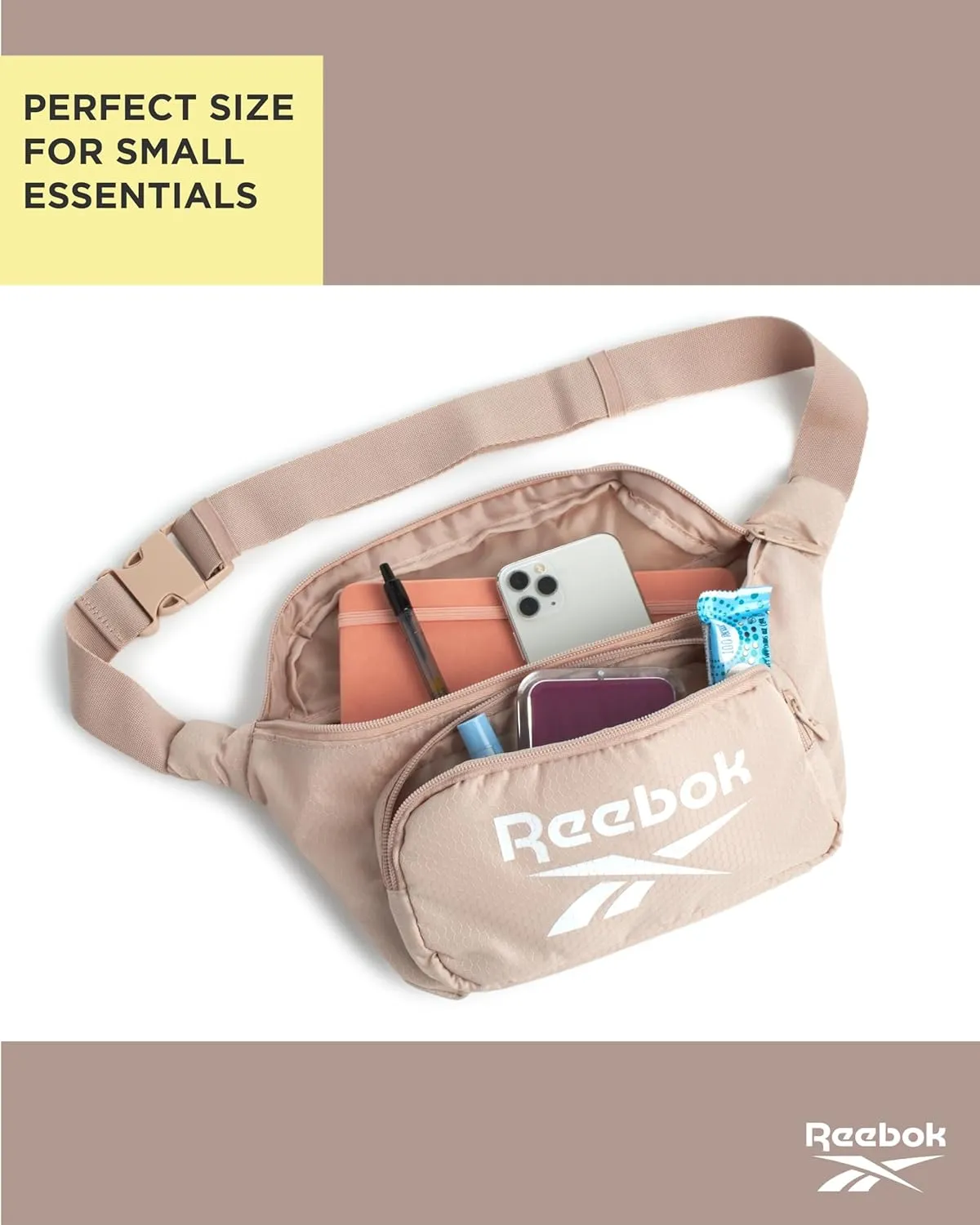 Reebok Fanny Pack - Lightweight Stylish Crossbody Waist Belt Bags for Women and Men with Adjustable Strap, Size One Size, Davis Light Cream