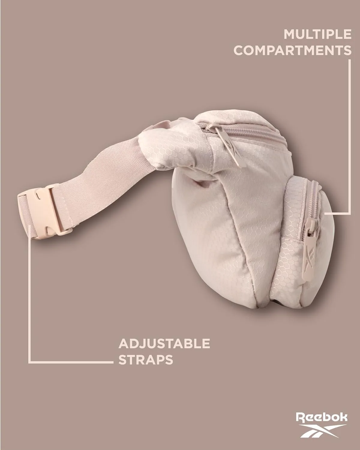 Reebok Fanny Pack - Lightweight Stylish Crossbody Waist Belt Bags for Women and Men with Adjustable Strap, Size One Size, Davis Light Cream