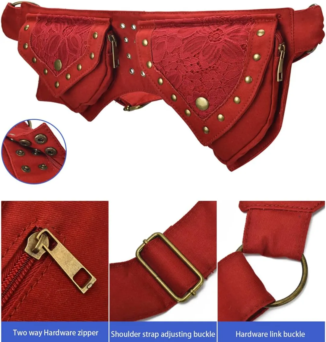 Renaissance Accessories - Ren Faire Fanny Pack, Thigh Bag, Lace Waist Utility Hip Belt for Women - Festival Bag