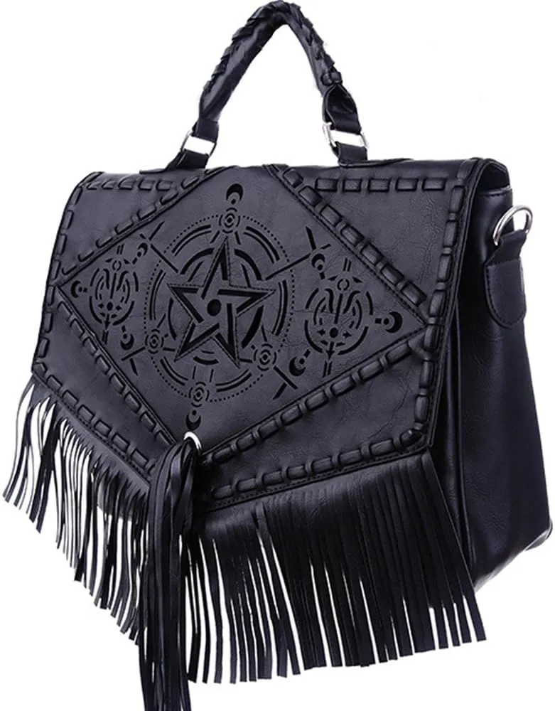 Restyle Gothic Gypsy Witch Dark Magic Pentagram Design Satchel Bag with Fringes