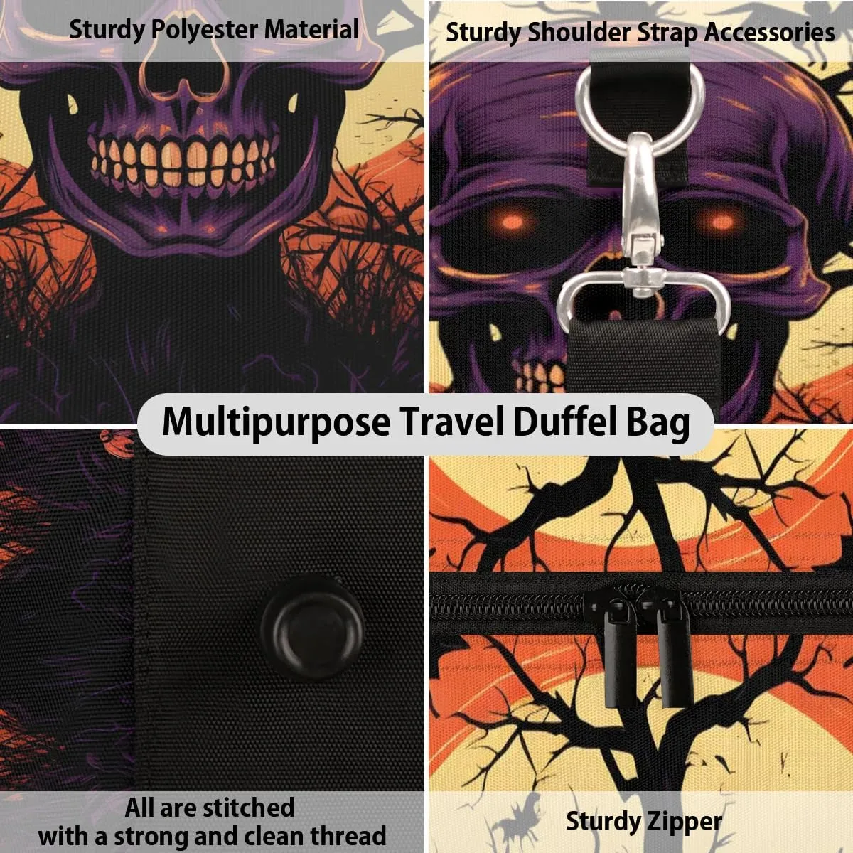 Retro Gothic Skull Travel Duffel Bag for Women Men Waterproof Foldable Overnight Weekender Bag Large Capacity Sports Gym Bag