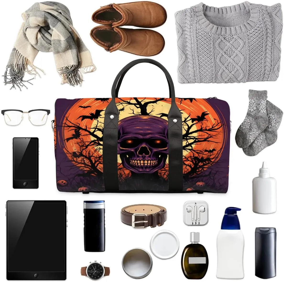 Retro Gothic Skull Travel Duffel Bag for Women Men Waterproof Foldable Overnight Weekender Bag Large Capacity Sports Gym Bag