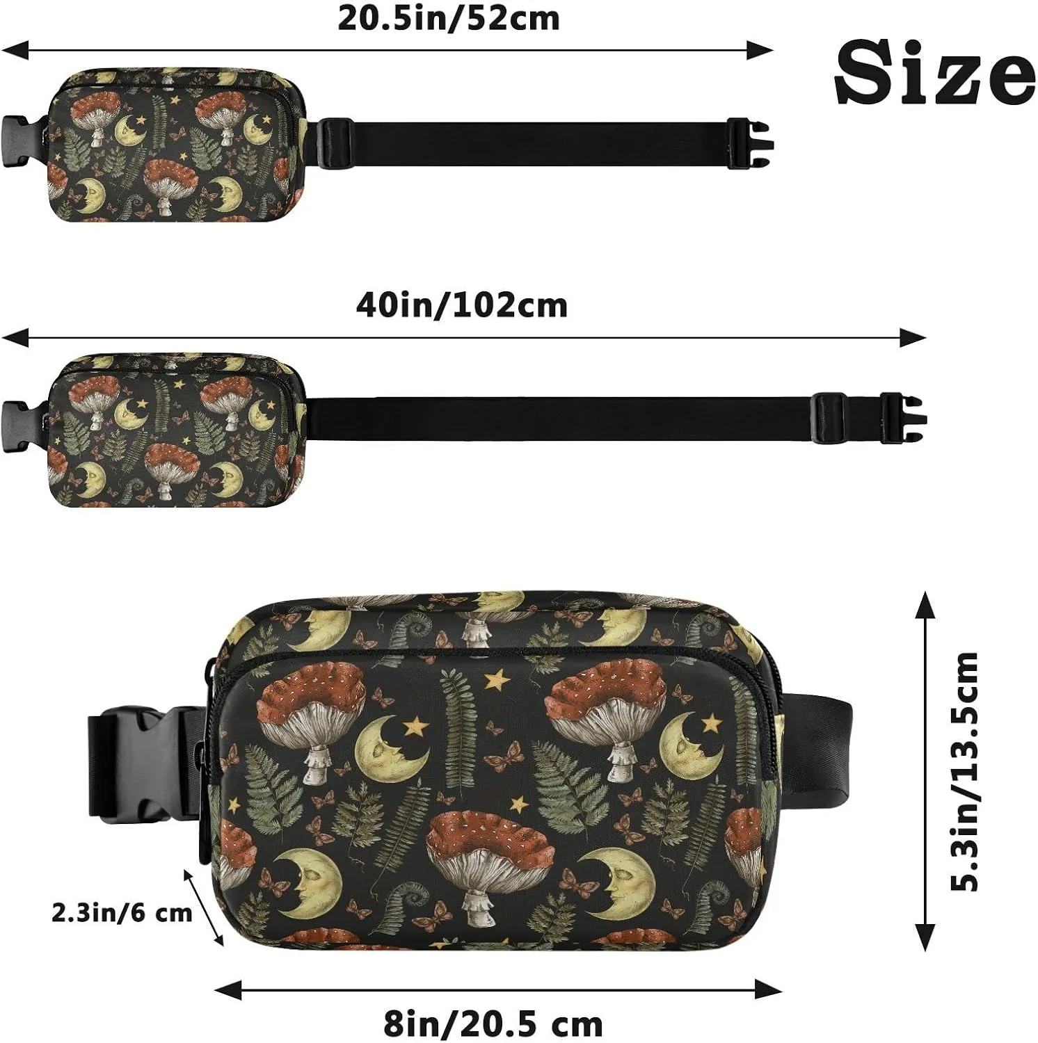 Retro Mushroom Moon Fanny Packs for Women & Men Waterproof Waist Pack Fashion Casual Crossbody Bags Hip Bum Bag with Adjustable Strap Hands Free for Outdoors, Hiking, Running, Travel