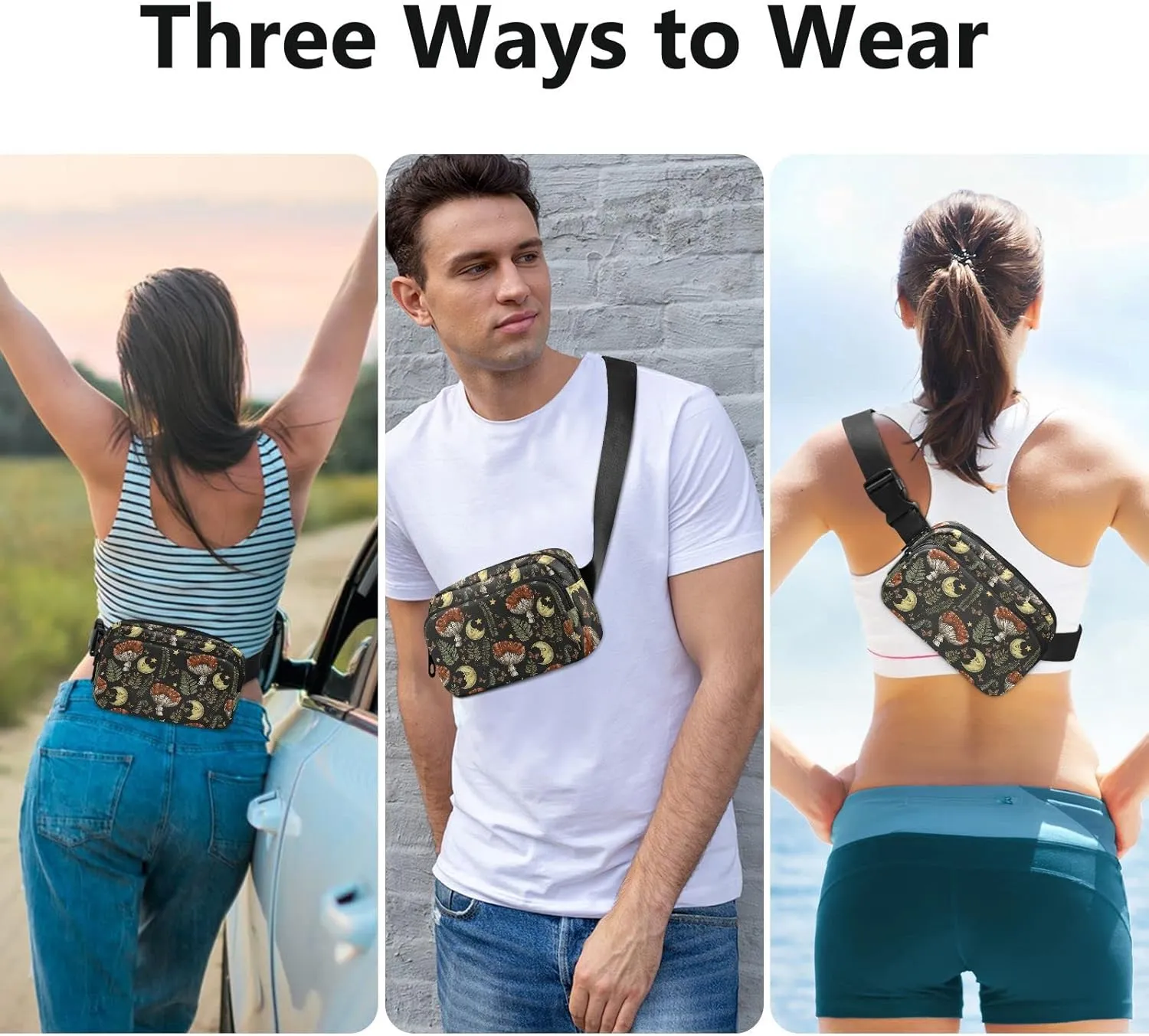 Retro Mushroom Moon Fanny Packs for Women & Men Waterproof Waist Pack Fashion Casual Crossbody Bags Hip Bum Bag with Adjustable Strap Hands Free for Outdoors, Hiking, Running, Travel
