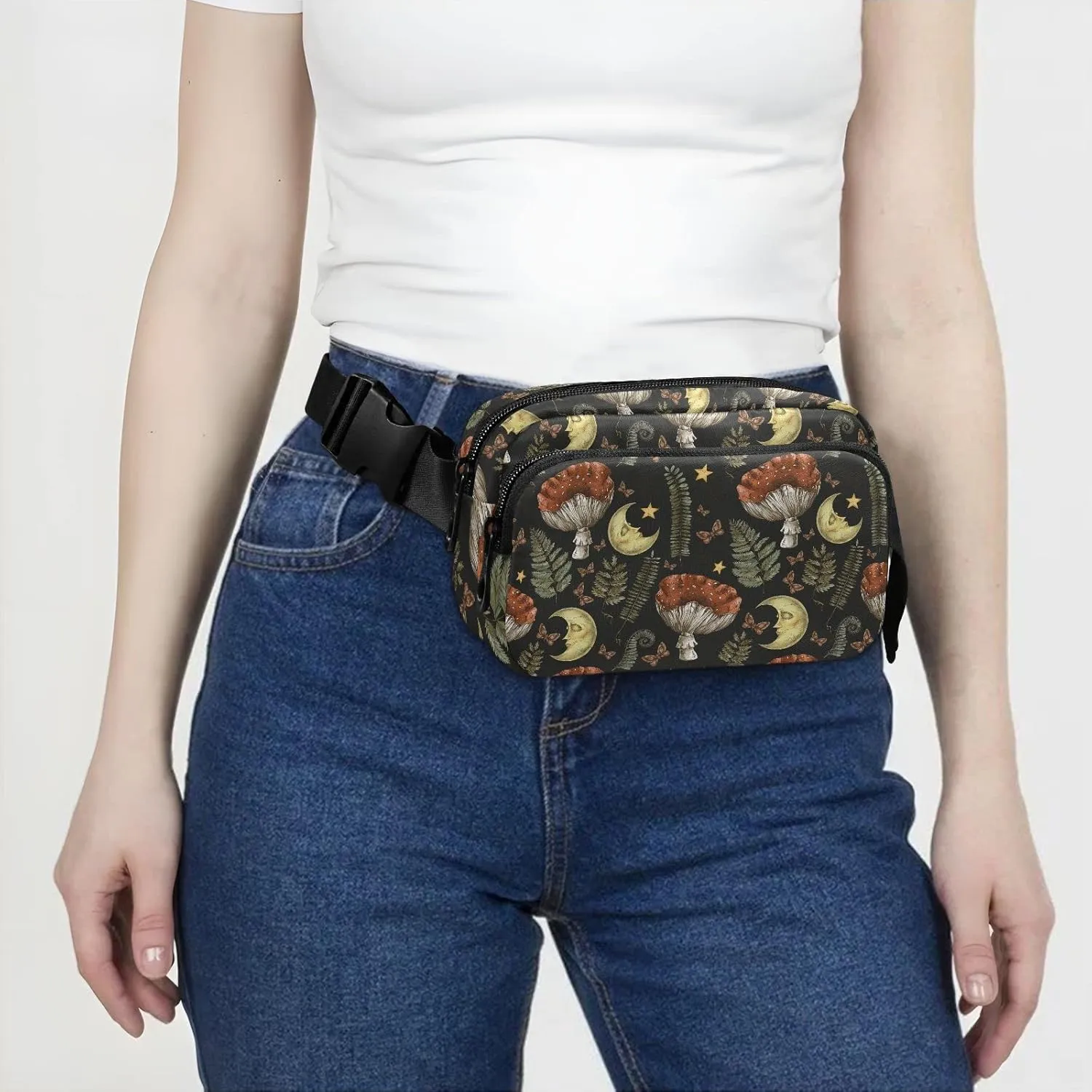 Retro Mushroom Moon Fanny Packs for Women & Men Waterproof Waist Pack Fashion Casual Crossbody Bags Hip Bum Bag with Adjustable Strap Hands Free for Outdoors, Hiking, Running, Travel