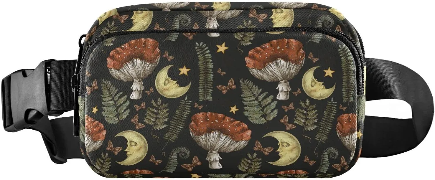 Retro Mushroom Moon Fanny Packs for Women & Men Waterproof Waist Pack Fashion Casual Crossbody Bags Hip Bum Bag with Adjustable Strap Hands Free for Outdoors, Hiking, Running, Travel