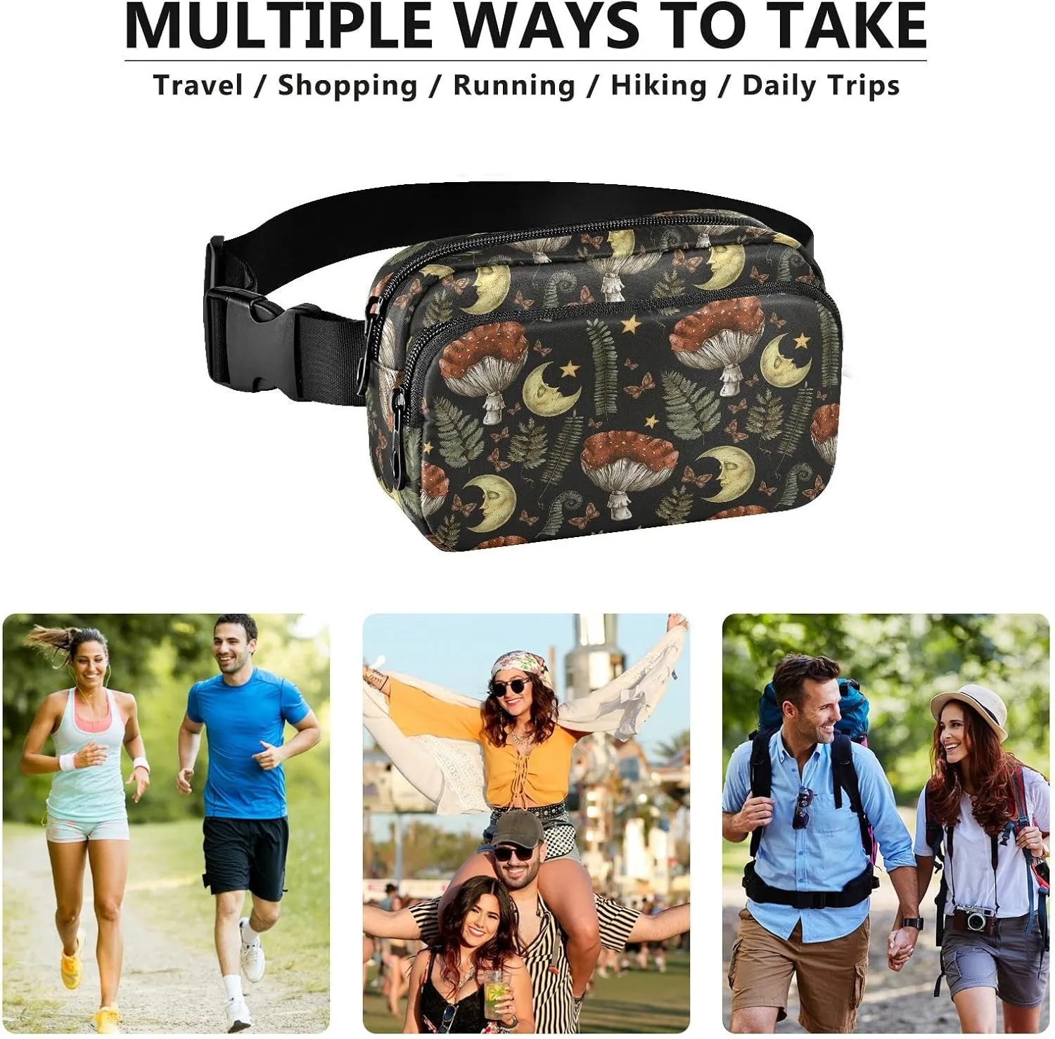 Retro Mushroom Moon Fanny Packs for Women & Men Waterproof Waist Pack Fashion Casual Crossbody Bags Hip Bum Bag with Adjustable Strap Hands Free for Outdoors, Hiking, Running, Travel