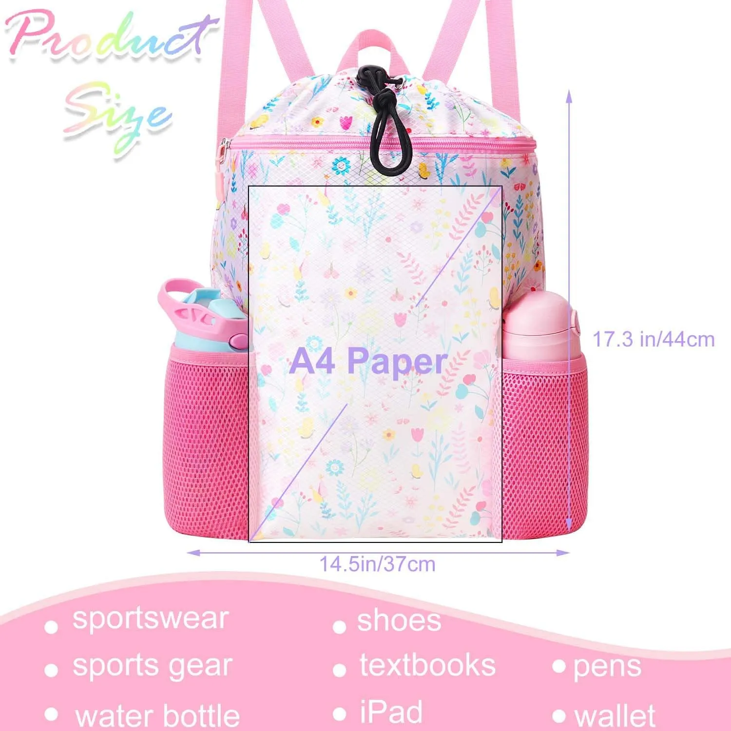 RHCPFOVR Drawstring Backpack for Kids - Swim Bags for Girls Beach Swimming Pool Lightweight Draw String Bags Waterproof Sports Gym Bag With Two Water Bottle Holder